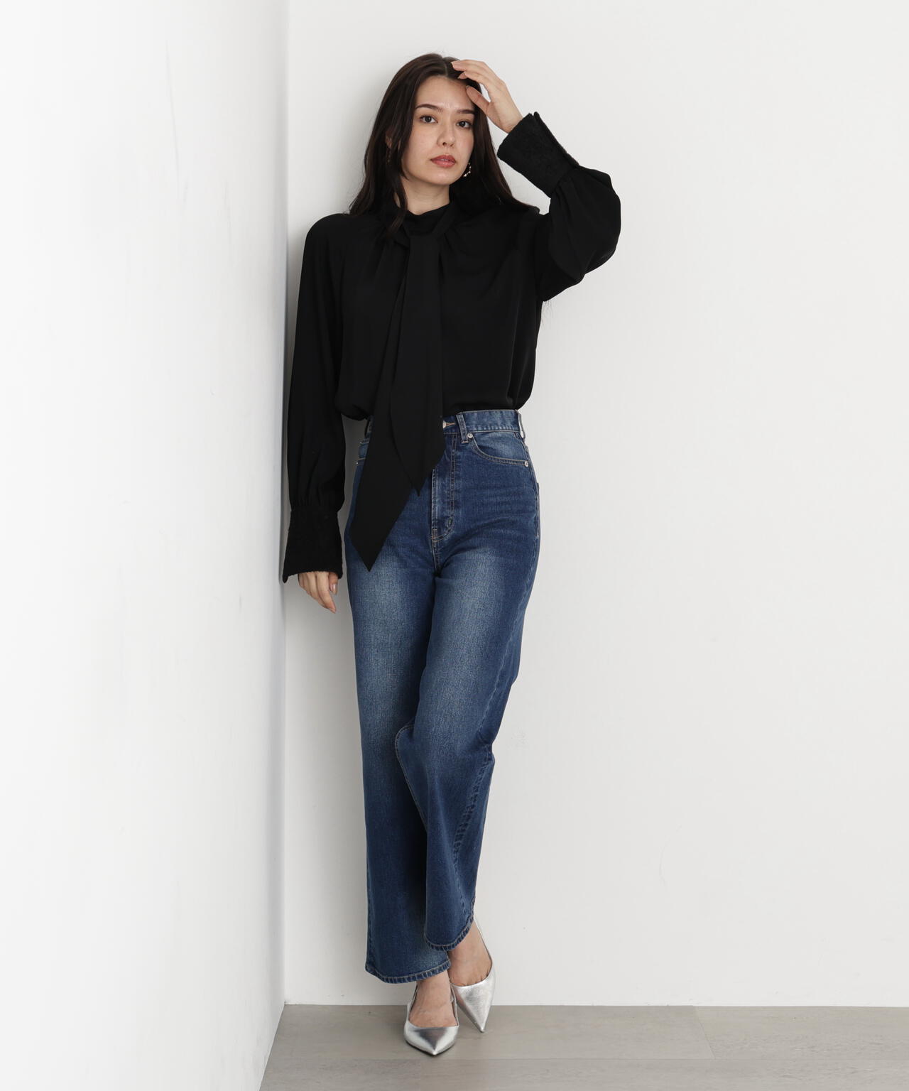 ジャギーカフスリボンブラウス