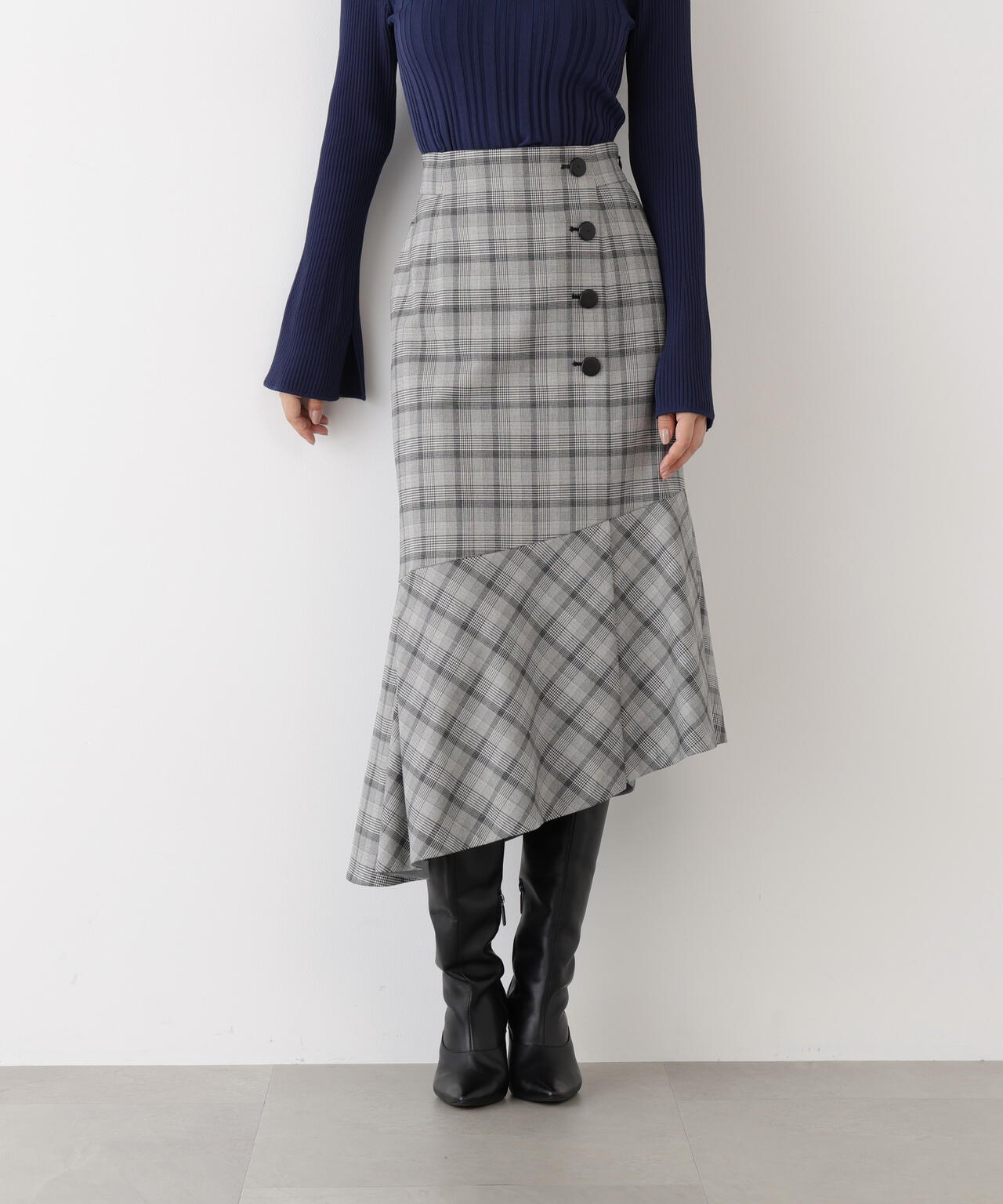 グレンチェックアシンメトリーラッフルスカート