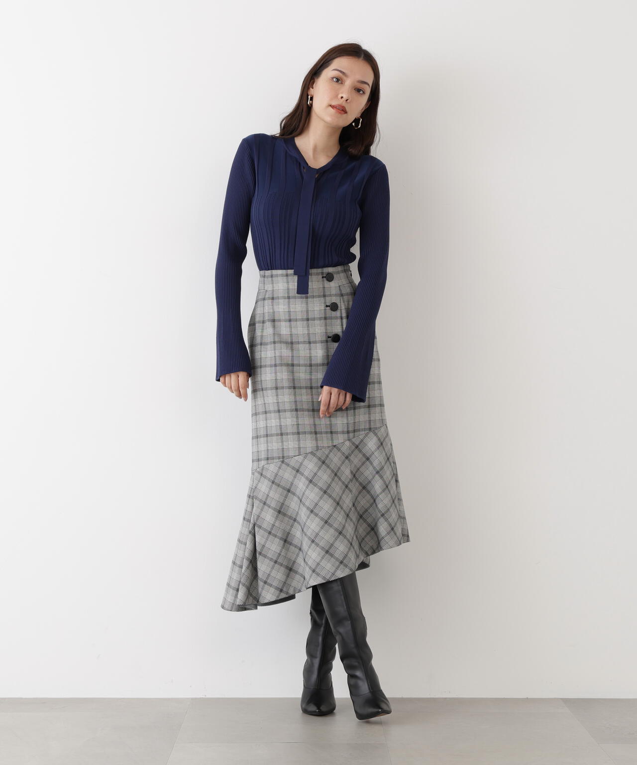 グレンチェックアシンメトリーラッフルスカート