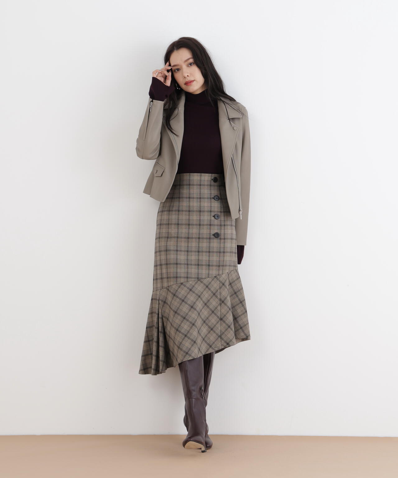 グレンチェックアシンメトリーラッフルスカート