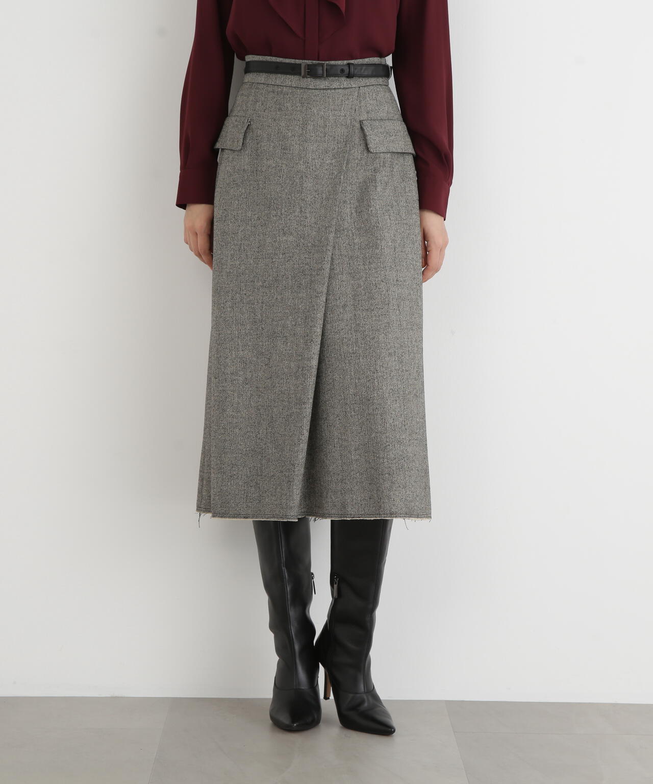 クラシカルツイードレザーベルト付きスカート