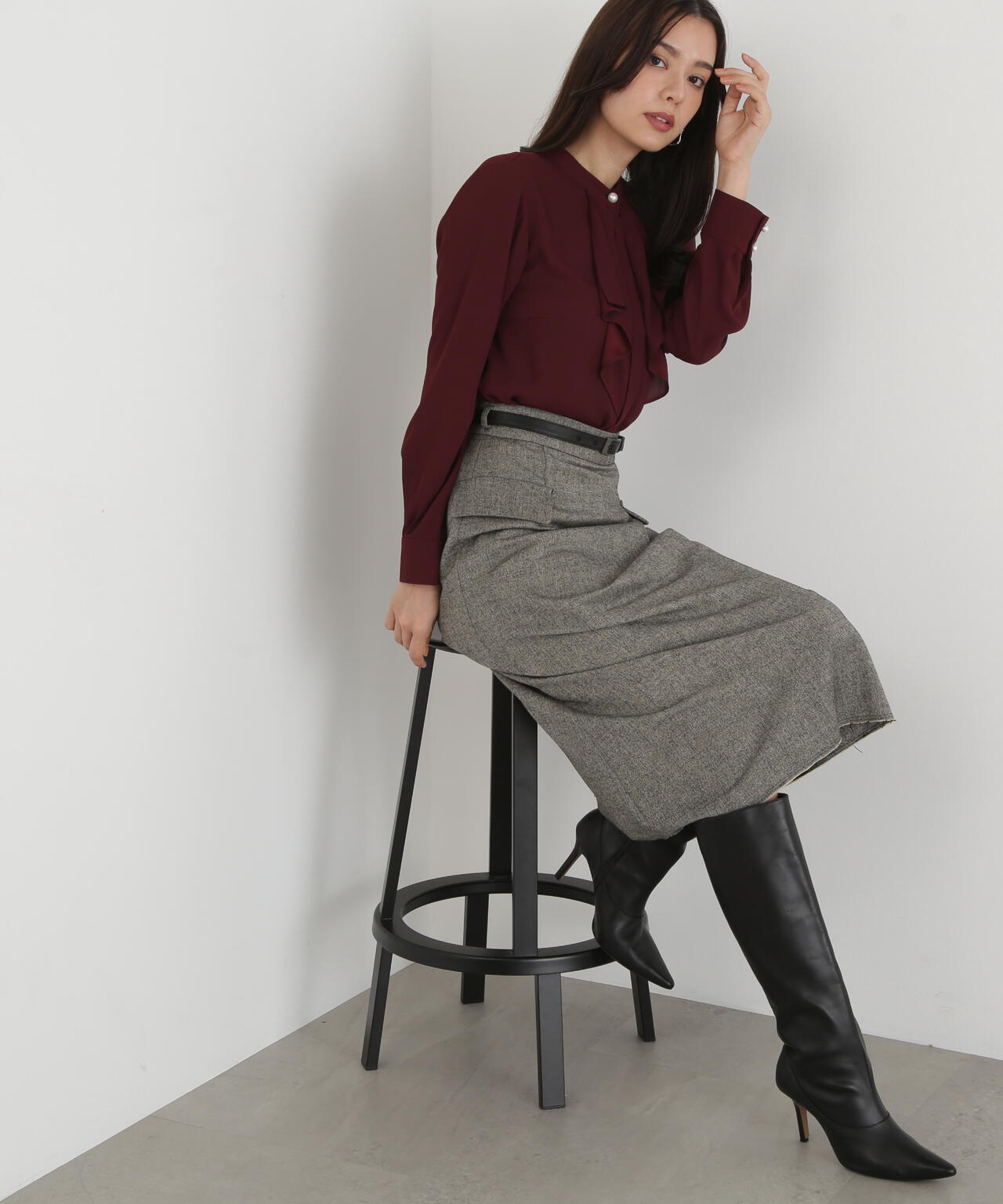 クラシカルツイードレザーベルト付きスカート