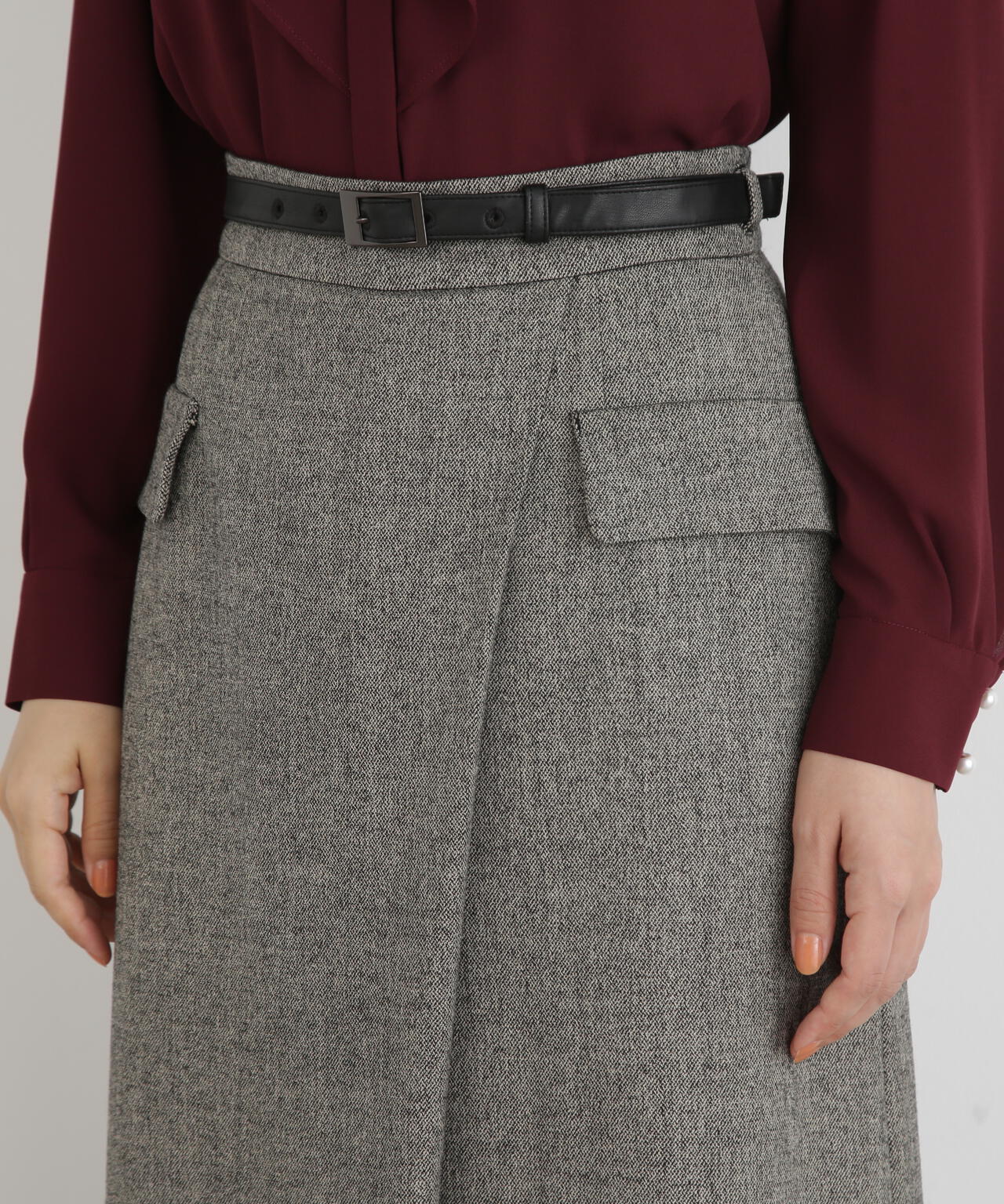 クラシカルツイードレザーベルト付きスカート