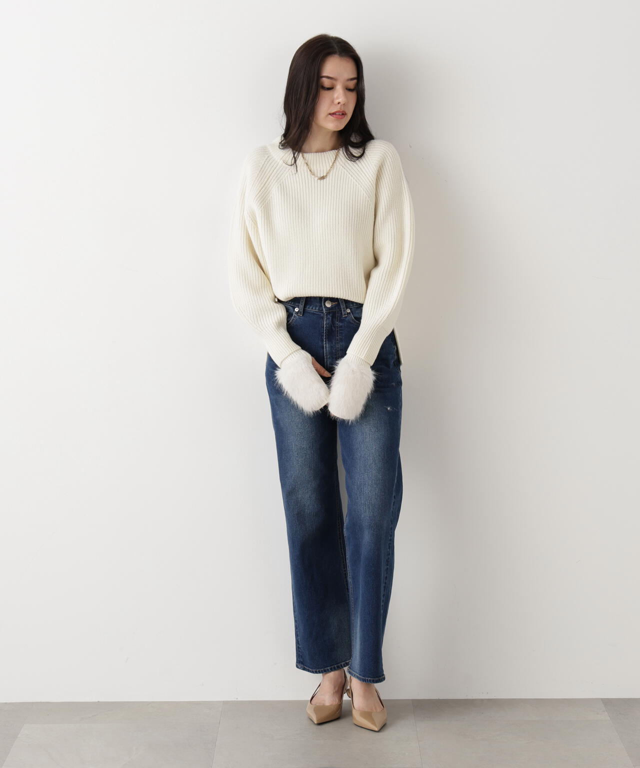 ファーグローブ付き畦ニットプルオーバー