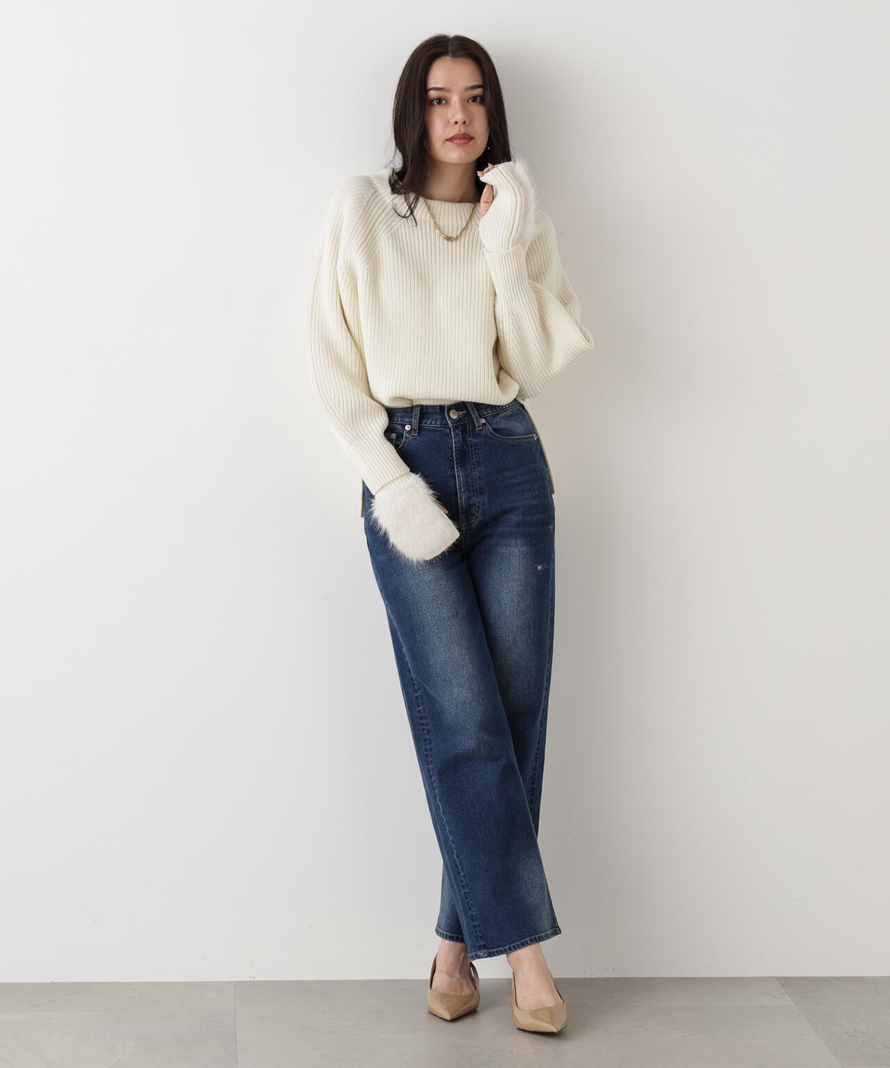 ファーグローブ付き畦ニットプルオーバー