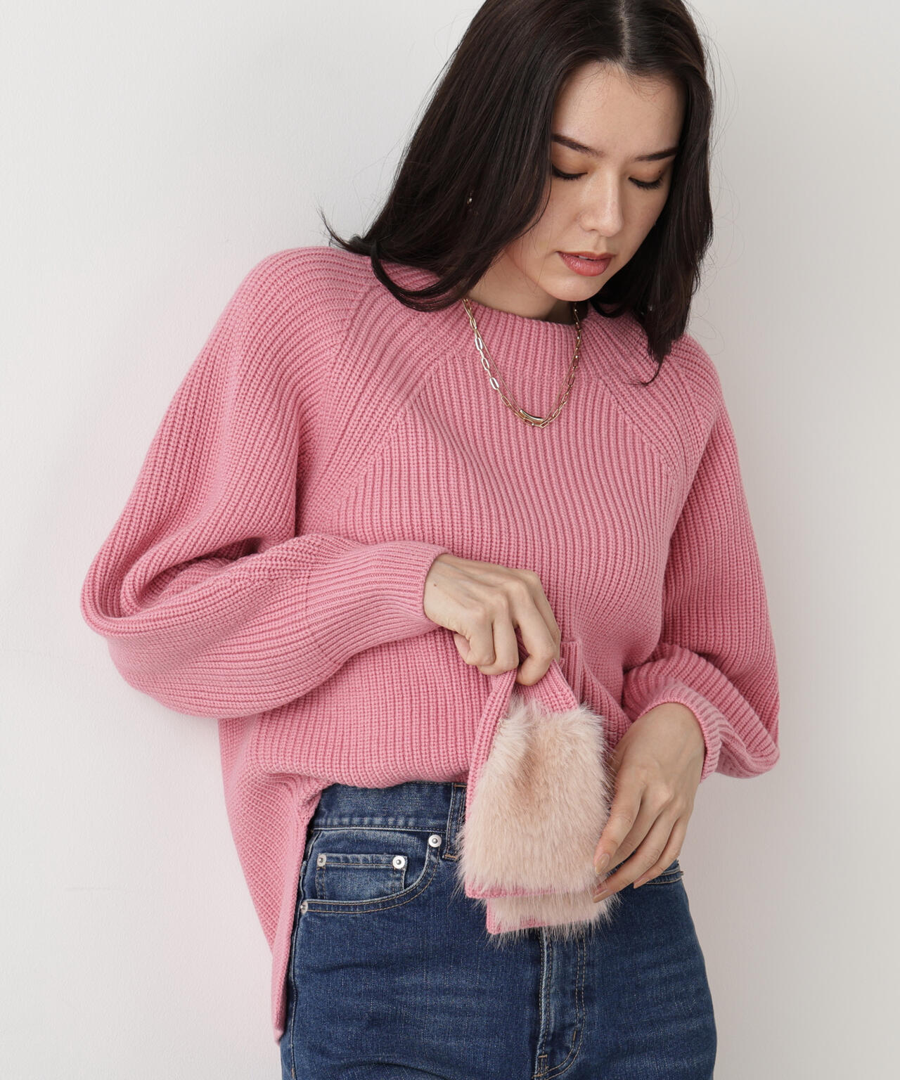 ファーグローブ付き畦ニットプルオーバー