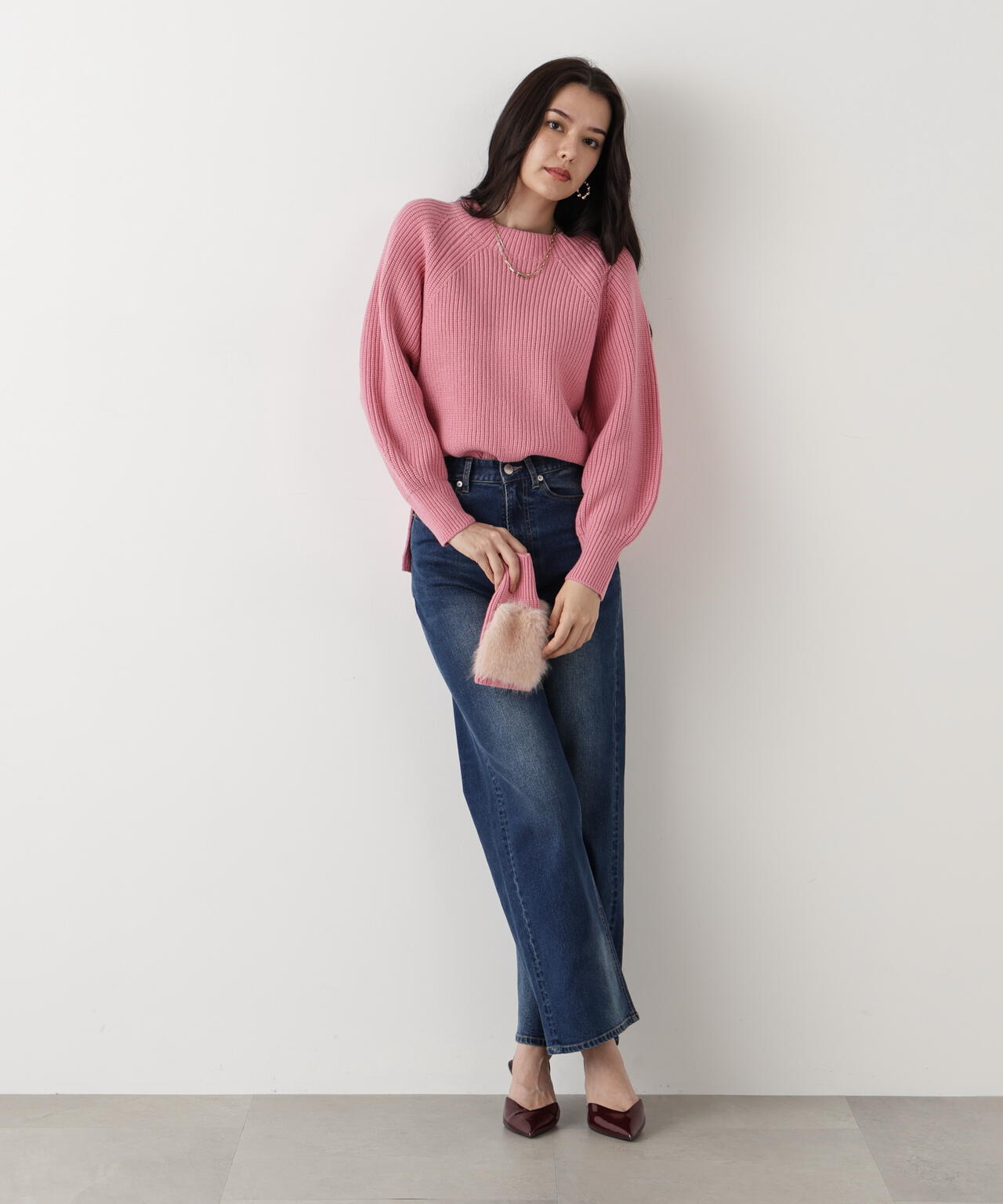 ファーグローブ付き畦ニットプルオーバー