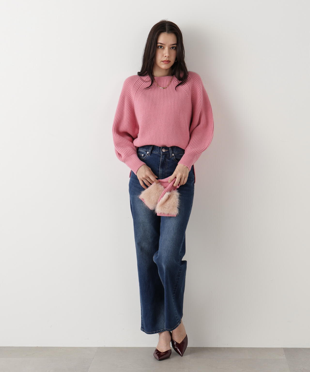 ファーグローブ付き畦ニットプルオーバー