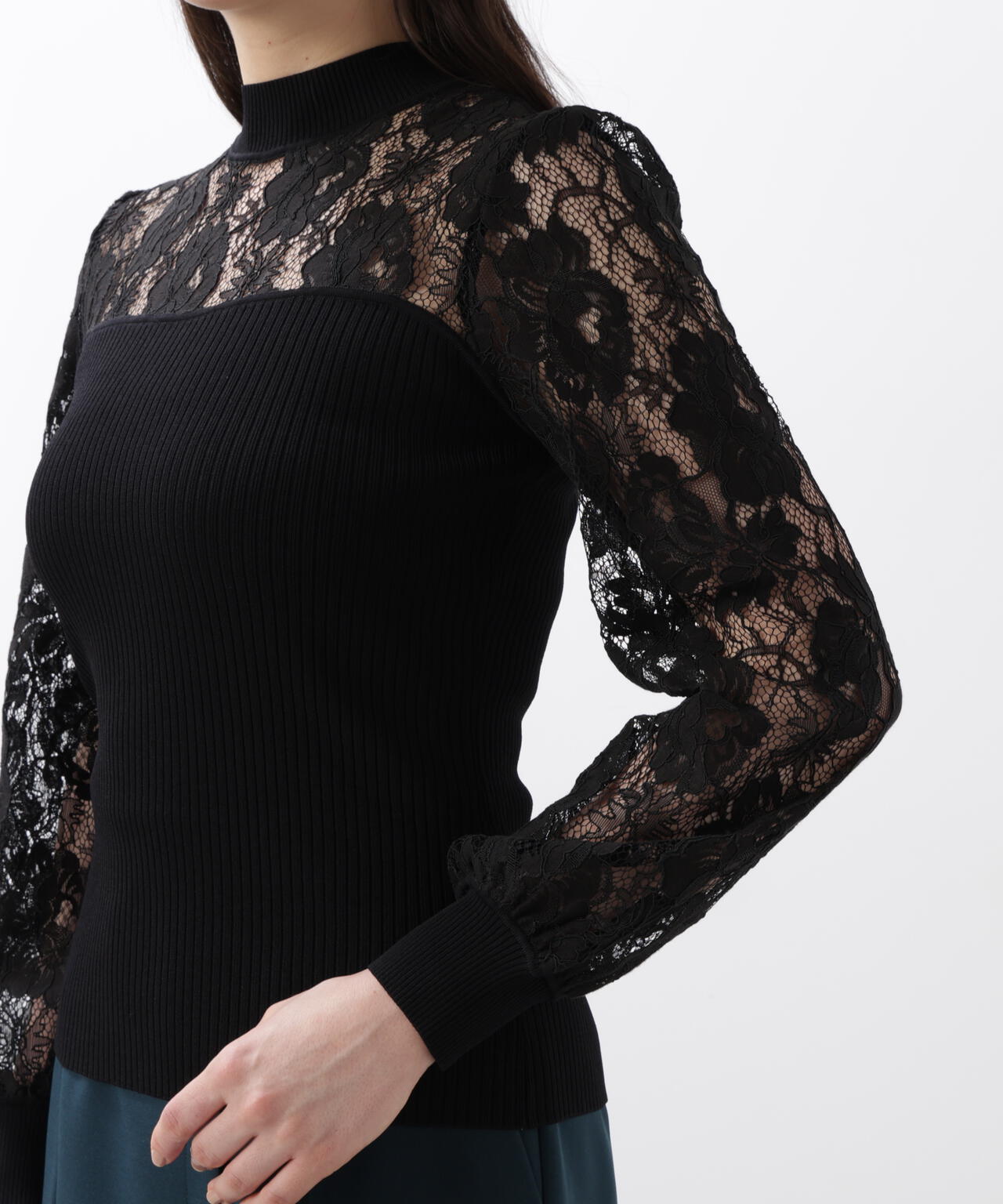 レースコンビモックネックニットプルオーバー