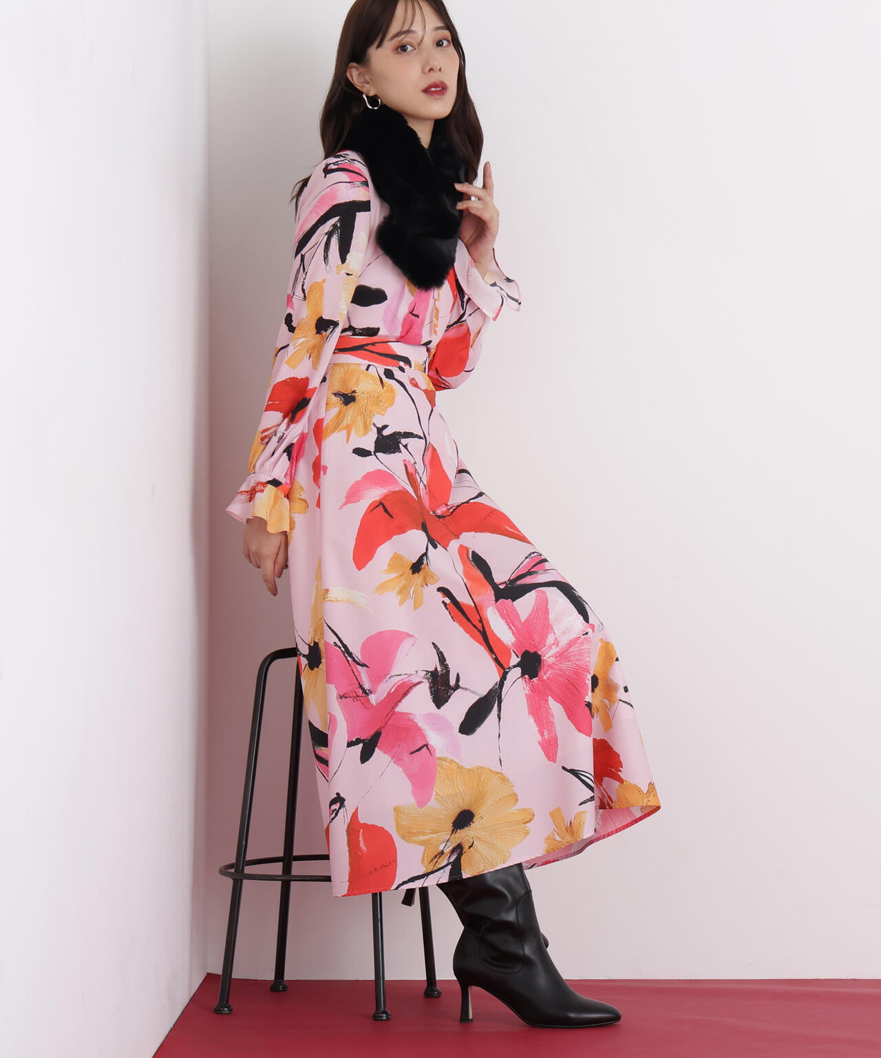 フラワープリントギャザーブラウス