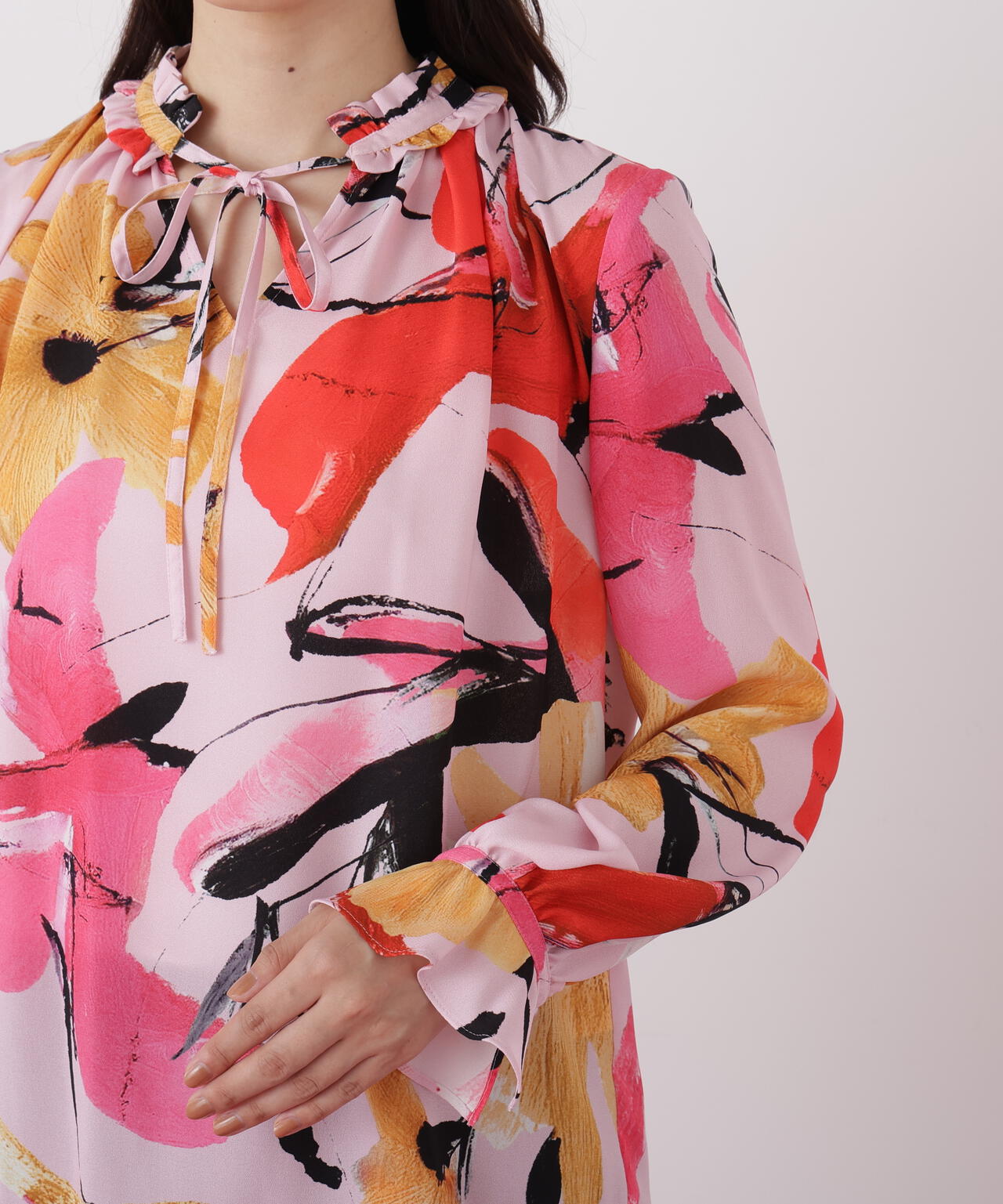 フラワープリントギャザーブラウス