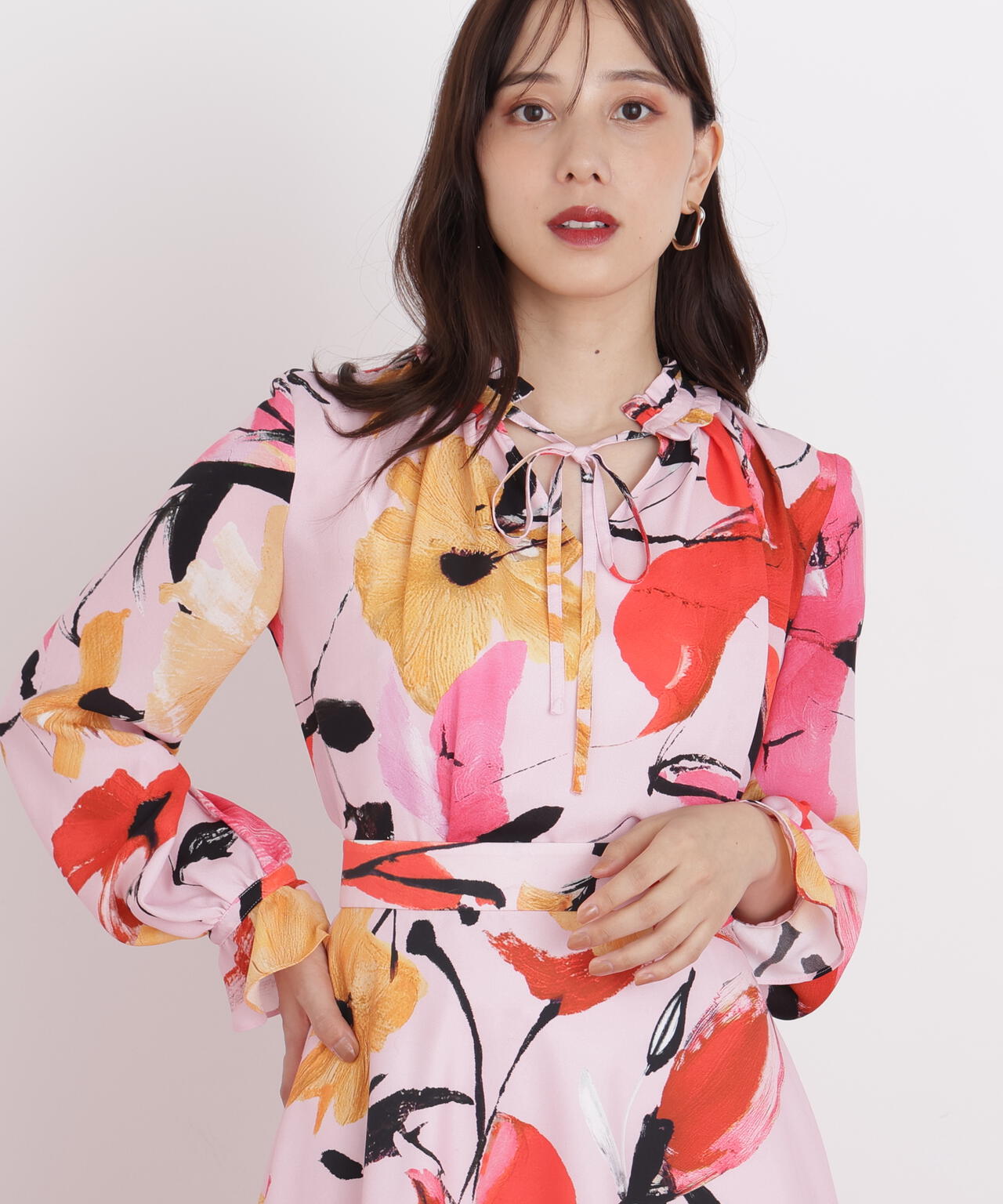 フラワープリントギャザーブラウス