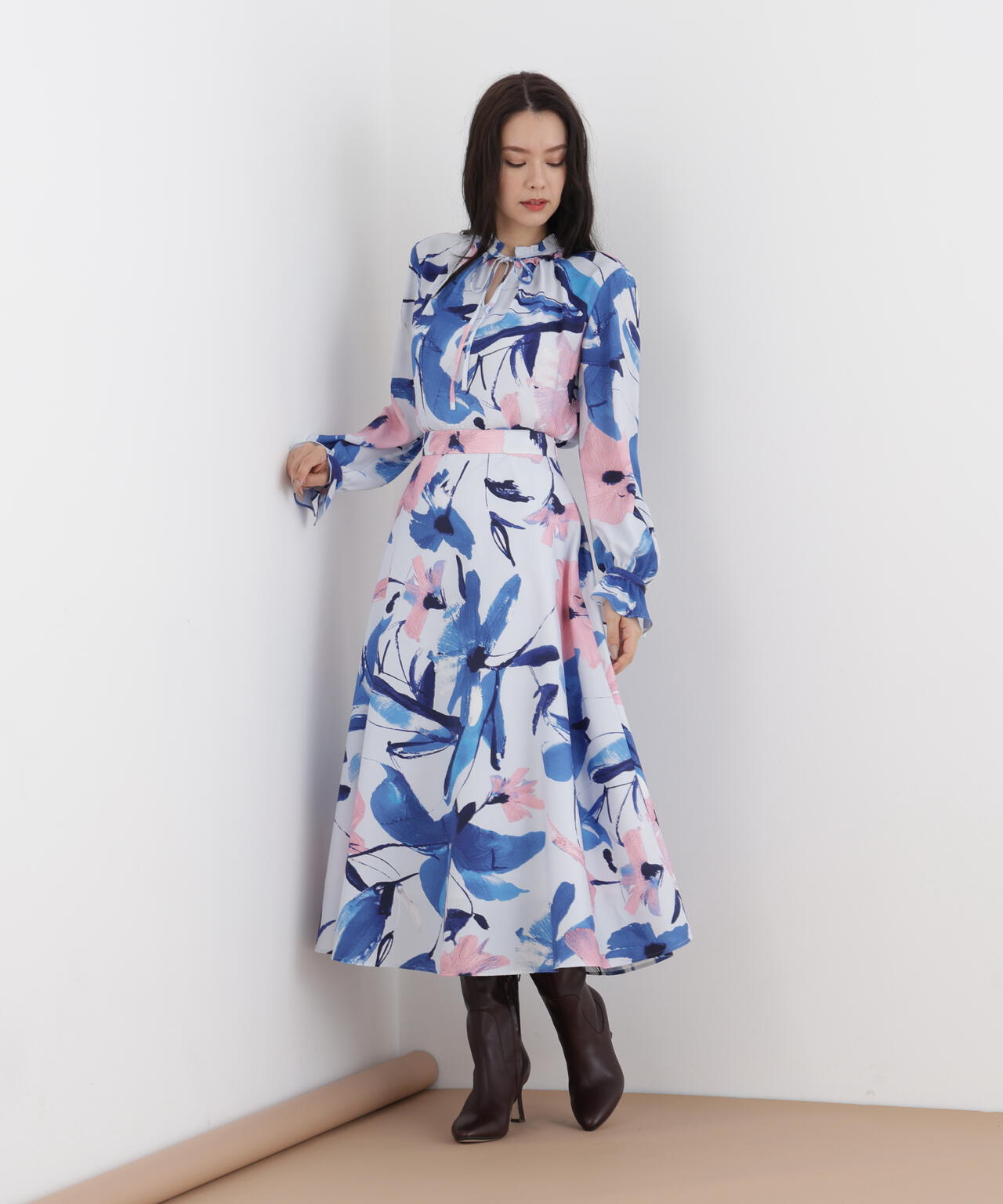 フラワープリントギャザーブラウス