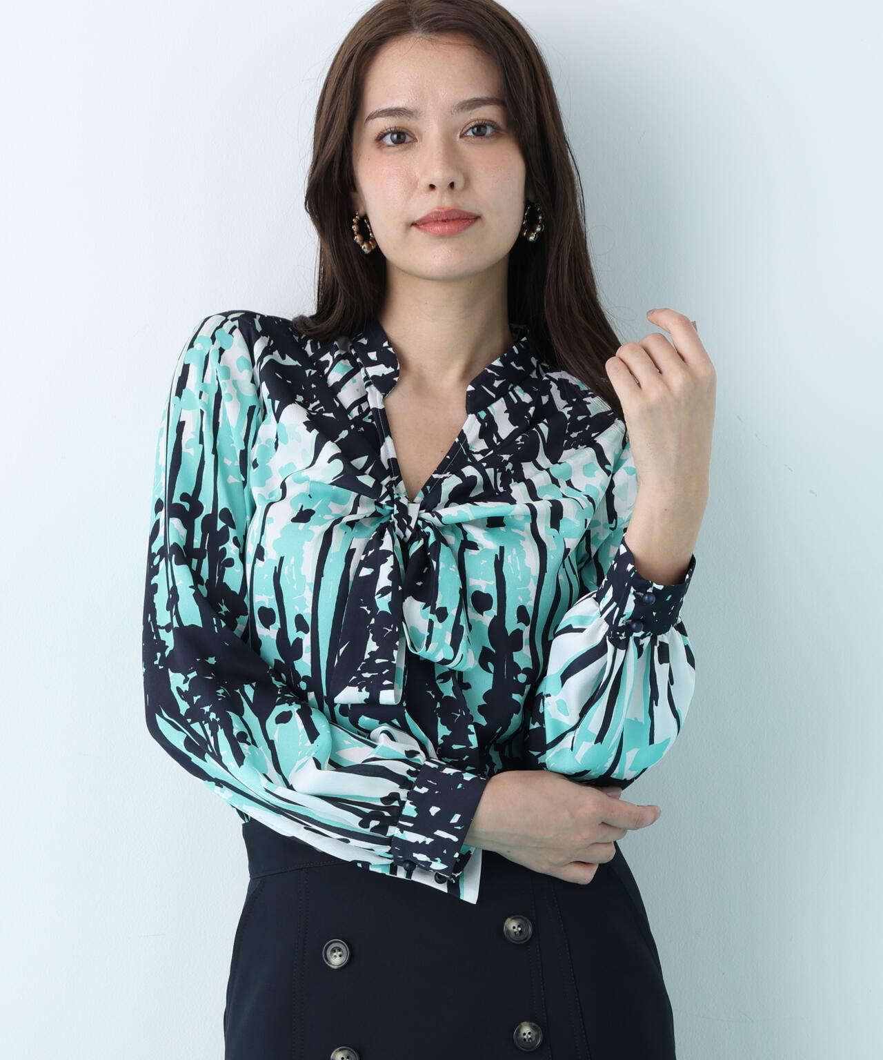 インクフォレストプリントリボンブラウス