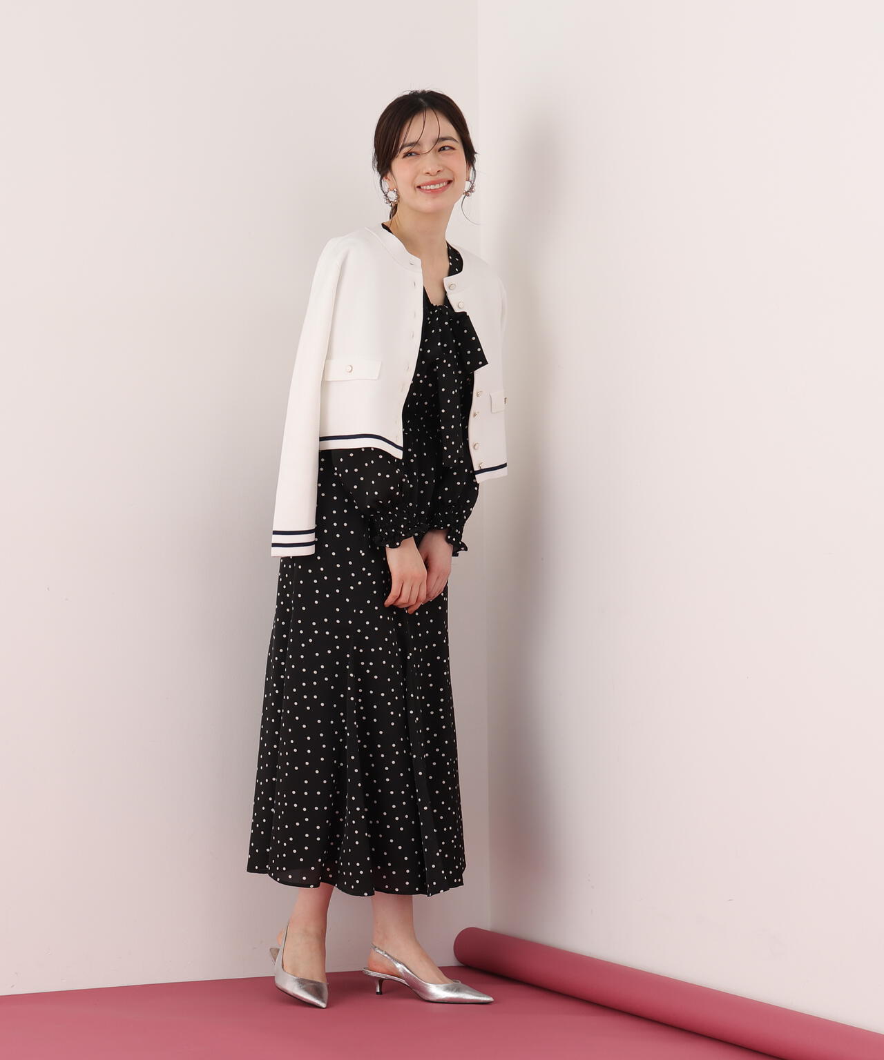 ドットプリントリボンワンピース