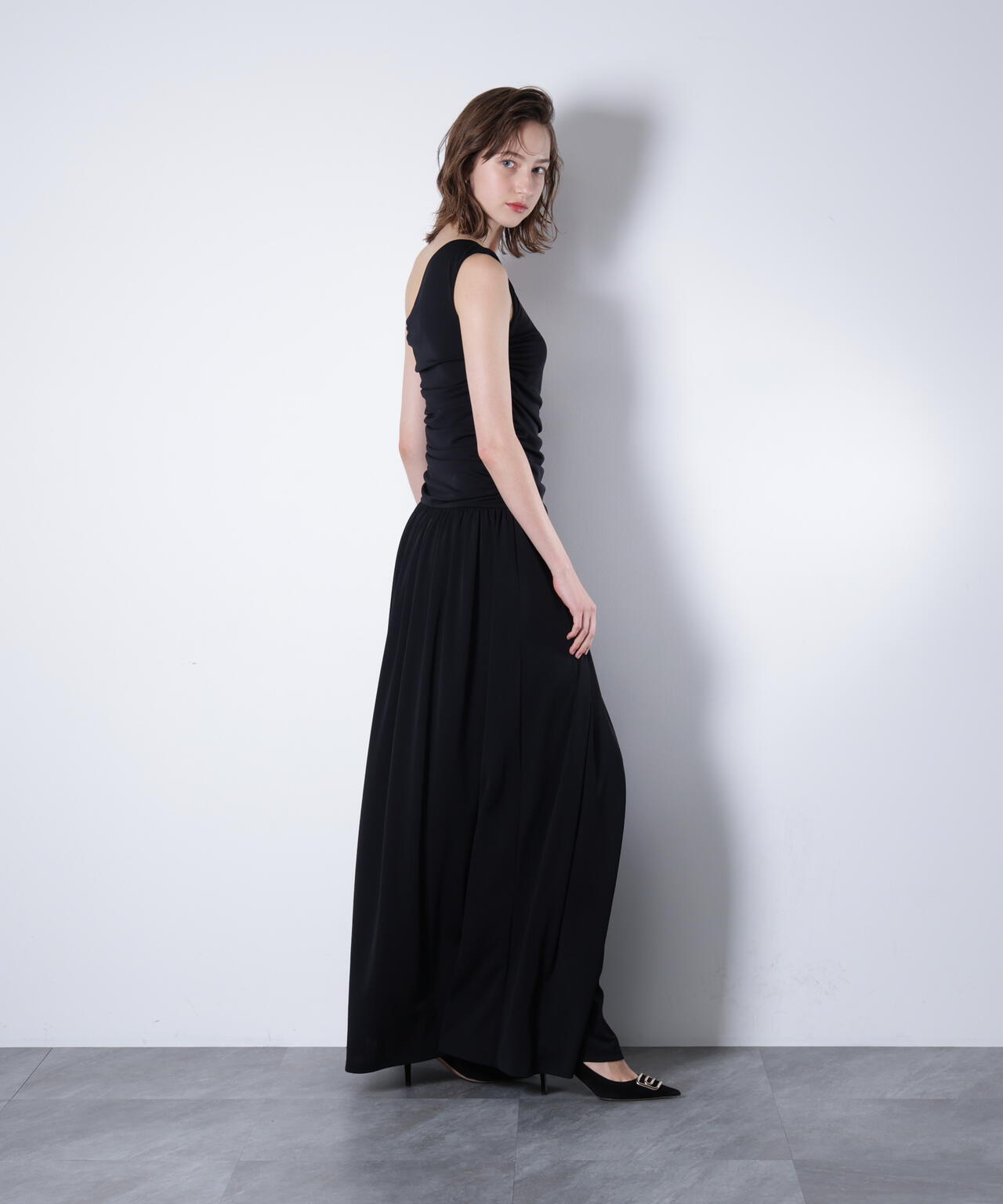 ワンショルダーシャーリングドレス_