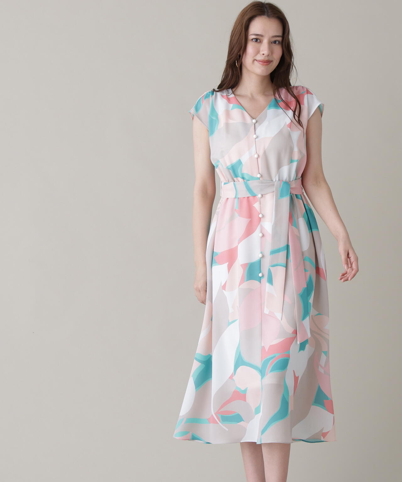 シェードリーフプリントギャザーワンピース