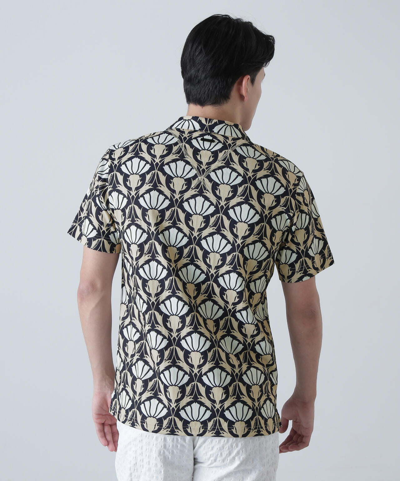 カノコサッカーストライプアザミ柄半袖シャツ (MENS)