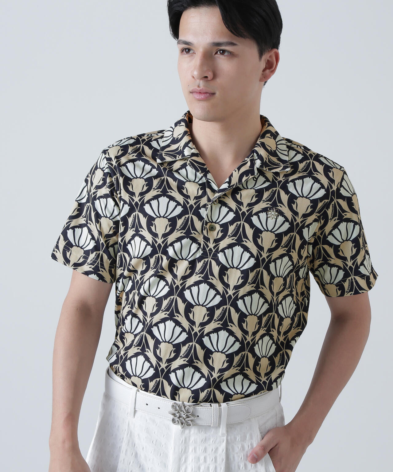 カノコサッカーストライプアザミ柄半袖シャツ (MENS)