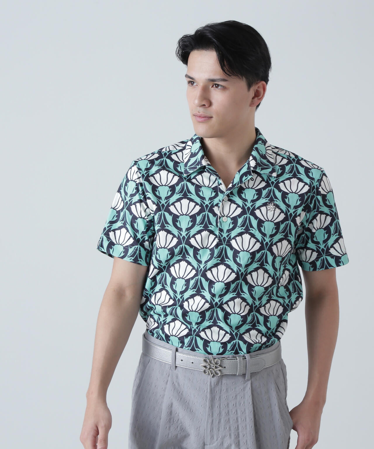 カノコサッカーストライプアザミ柄半袖シャツ (MENS)