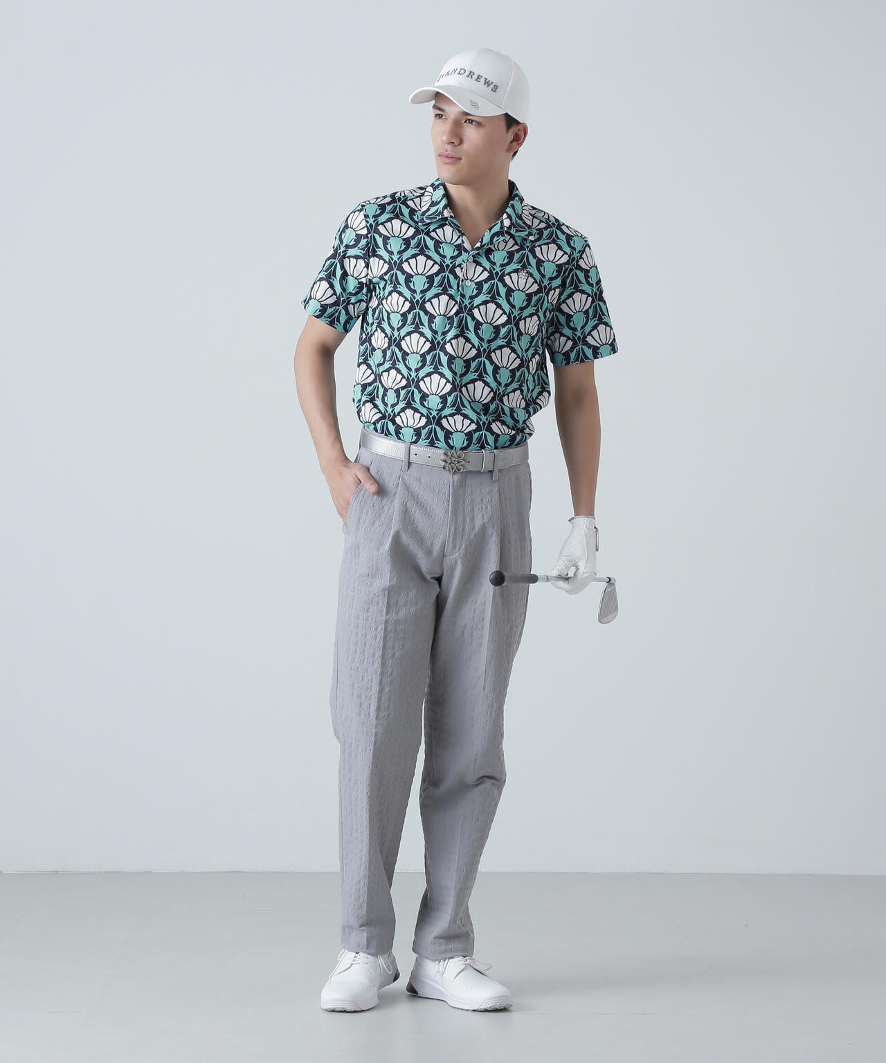 カノコサッカーストライプアザミ柄半袖シャツ (MENS)