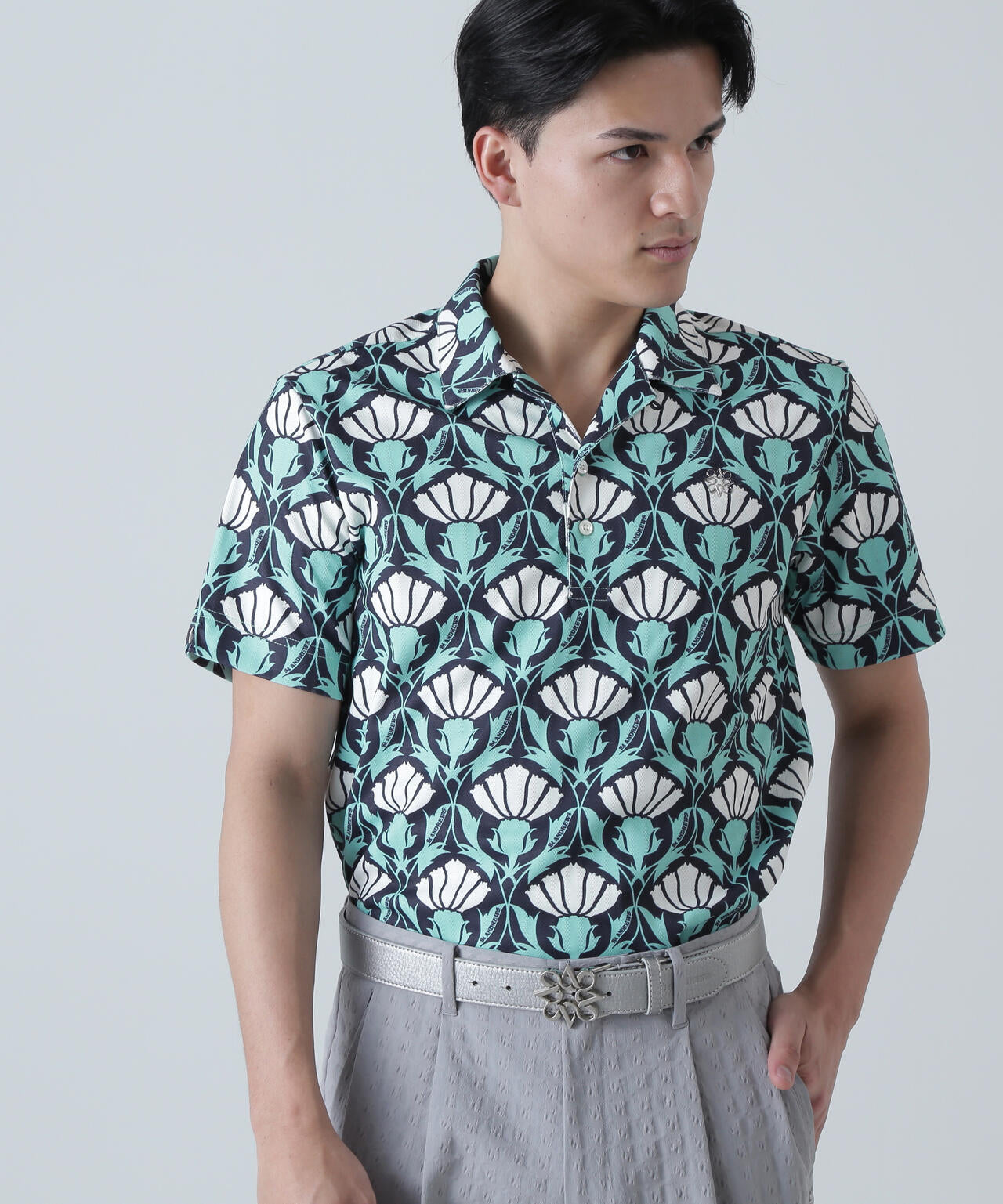 カノコサッカーストライプアザミ柄半袖シャツ (MENS)