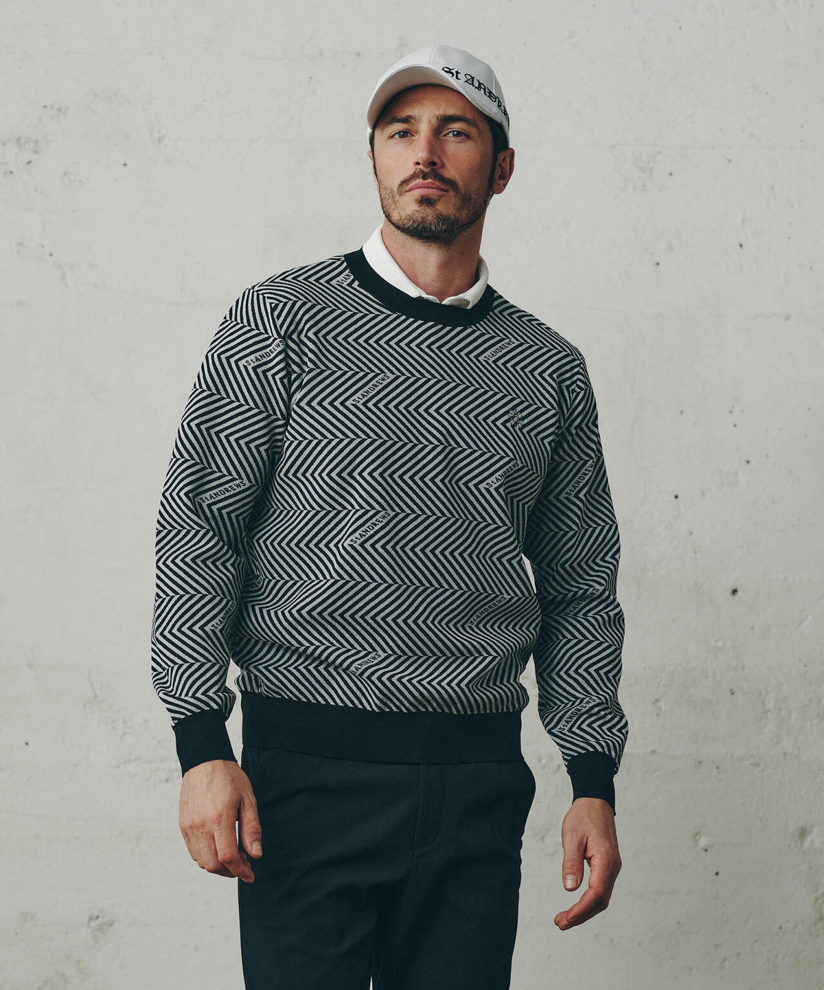 16Gジグザグ柄ダブルジャガード クルーネックニットプルオーバー (MENS)