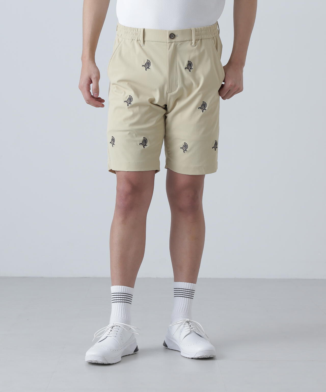 接触冷感 リーフ柄刺繍ナイロンストレッチショートパンツ (MENS)