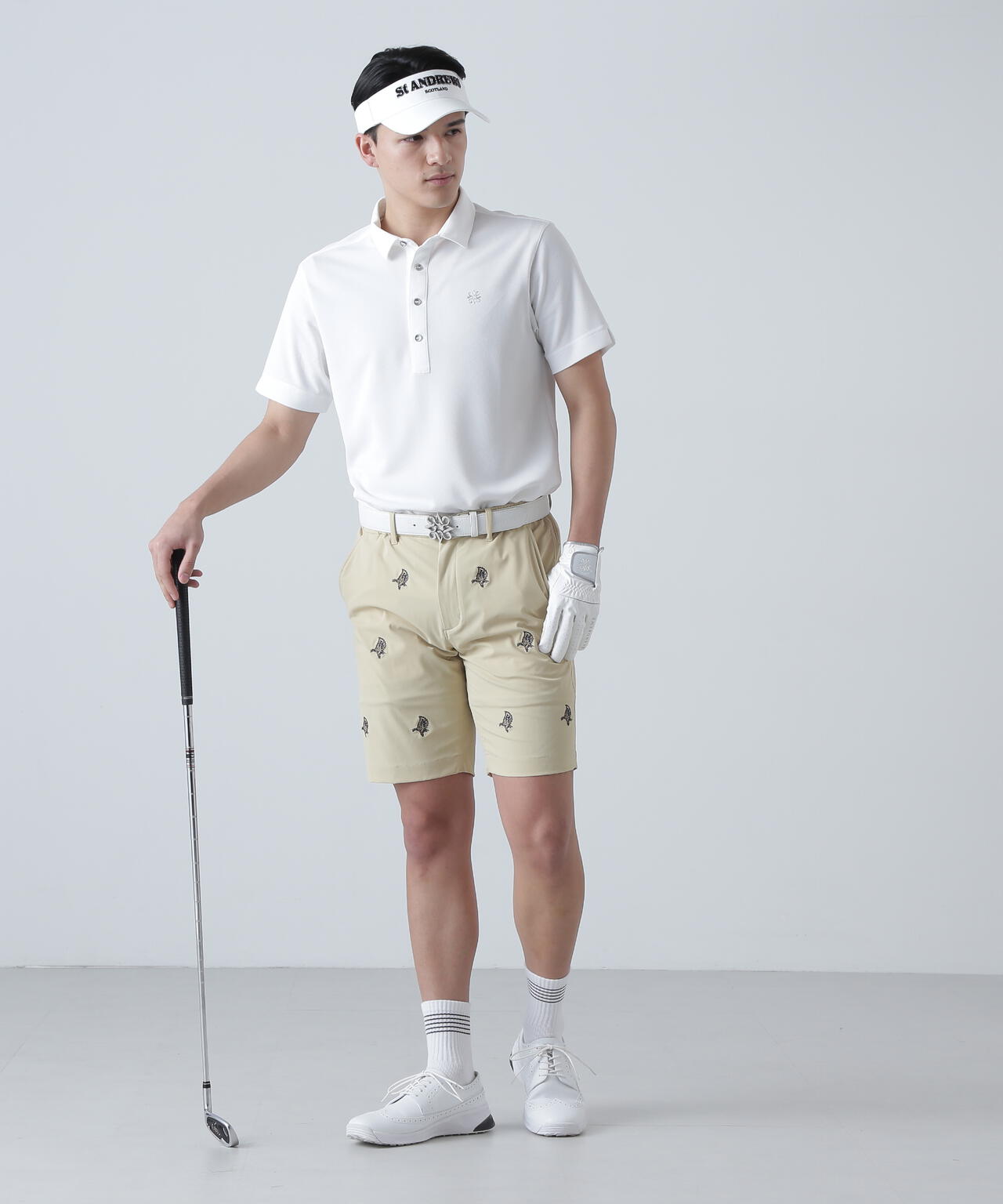 接触冷感 リーフ柄刺繍ナイロンストレッチショートパンツ (MENS)