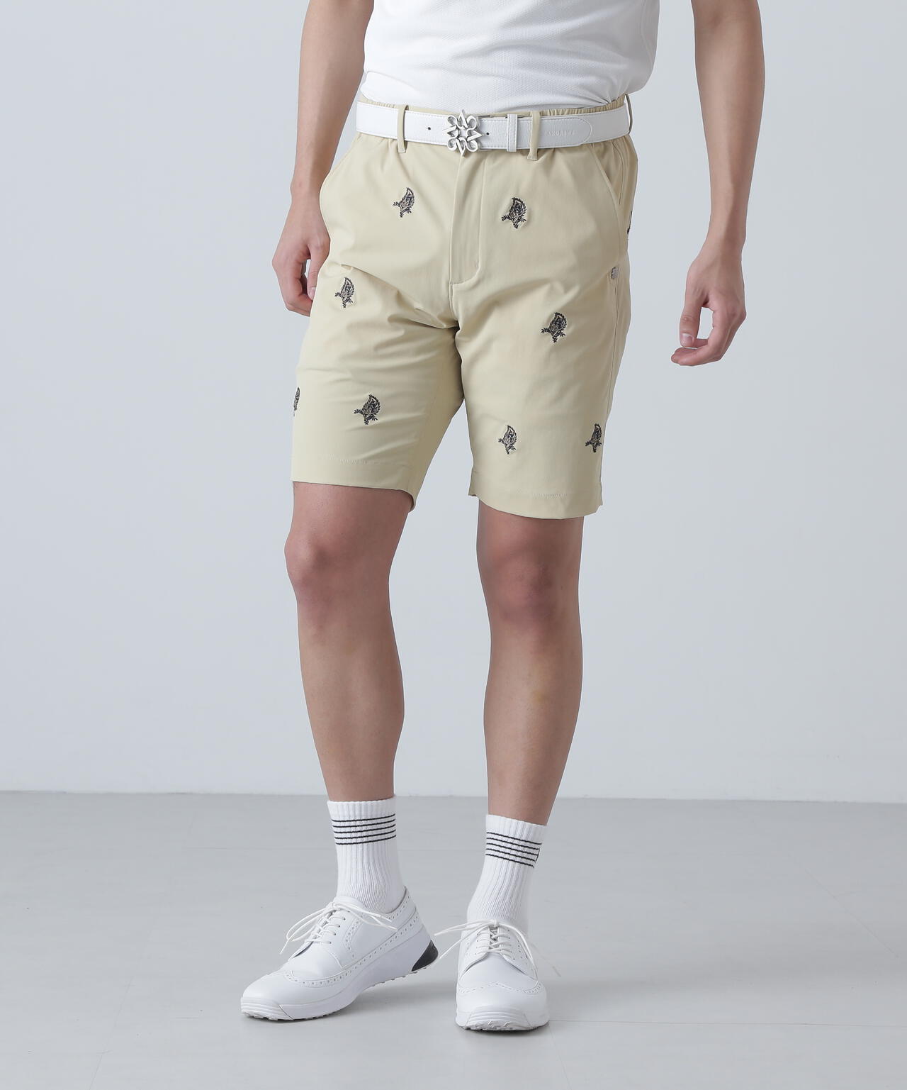 接触冷感 リーフ柄刺繍ナイロンストレッチショートパンツ (MENS)