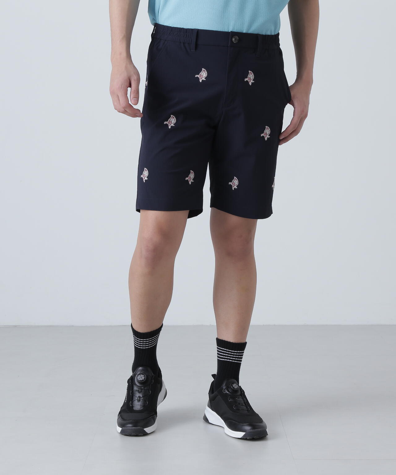 接触冷感 リーフ柄刺繍ナイロンストレッチショートパンツ (MENS)