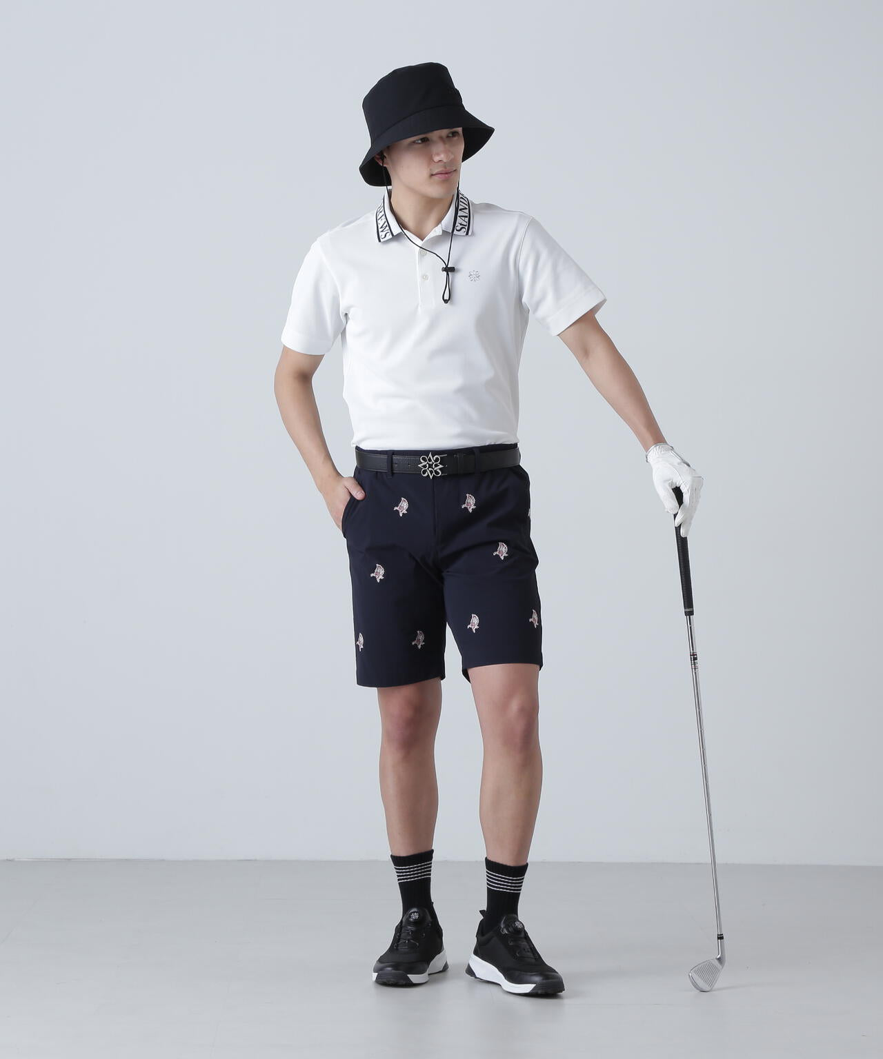 接触冷感 リーフ柄刺繍ナイロンストレッチショートパンツ (MENS)