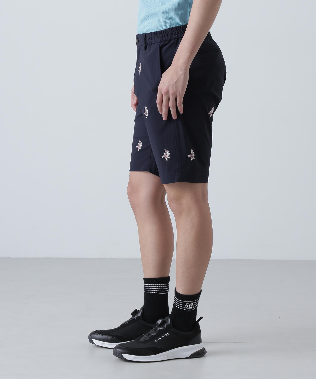 接触冷感 リーフ柄刺繍ナイロンストレッチショートパンツ (MENS)