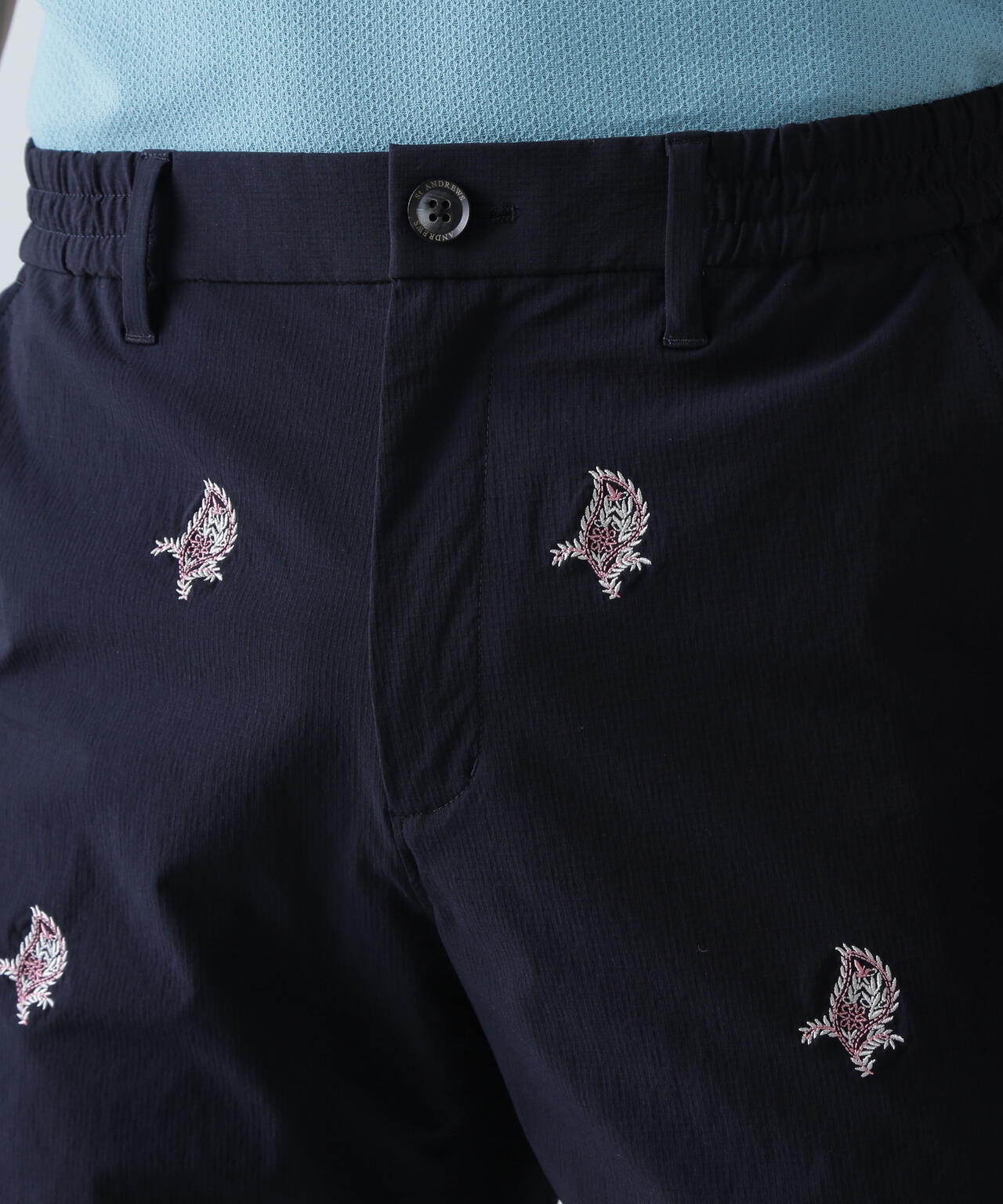 接触冷感 リーフ柄刺繍ナイロンストレッチショートパンツ (MENS)