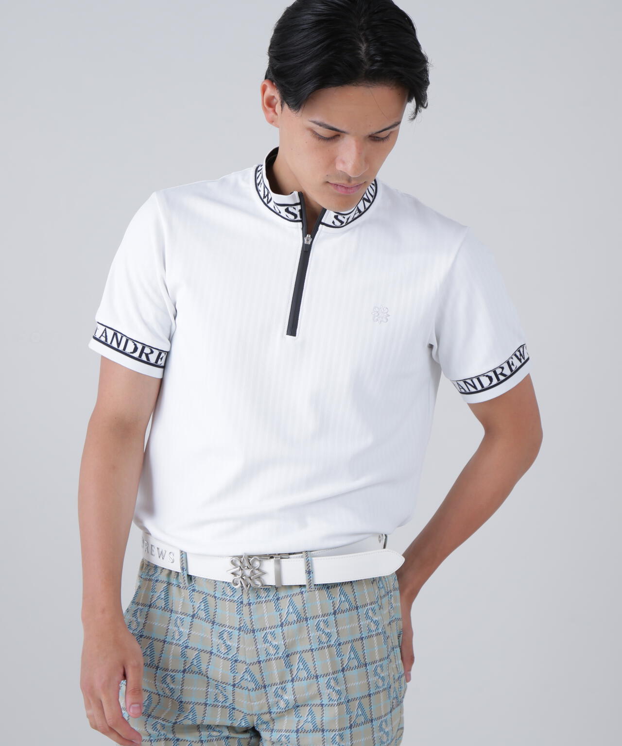 ベアサッカージャガード半袖ハーフジップアップカットソー (MENS)