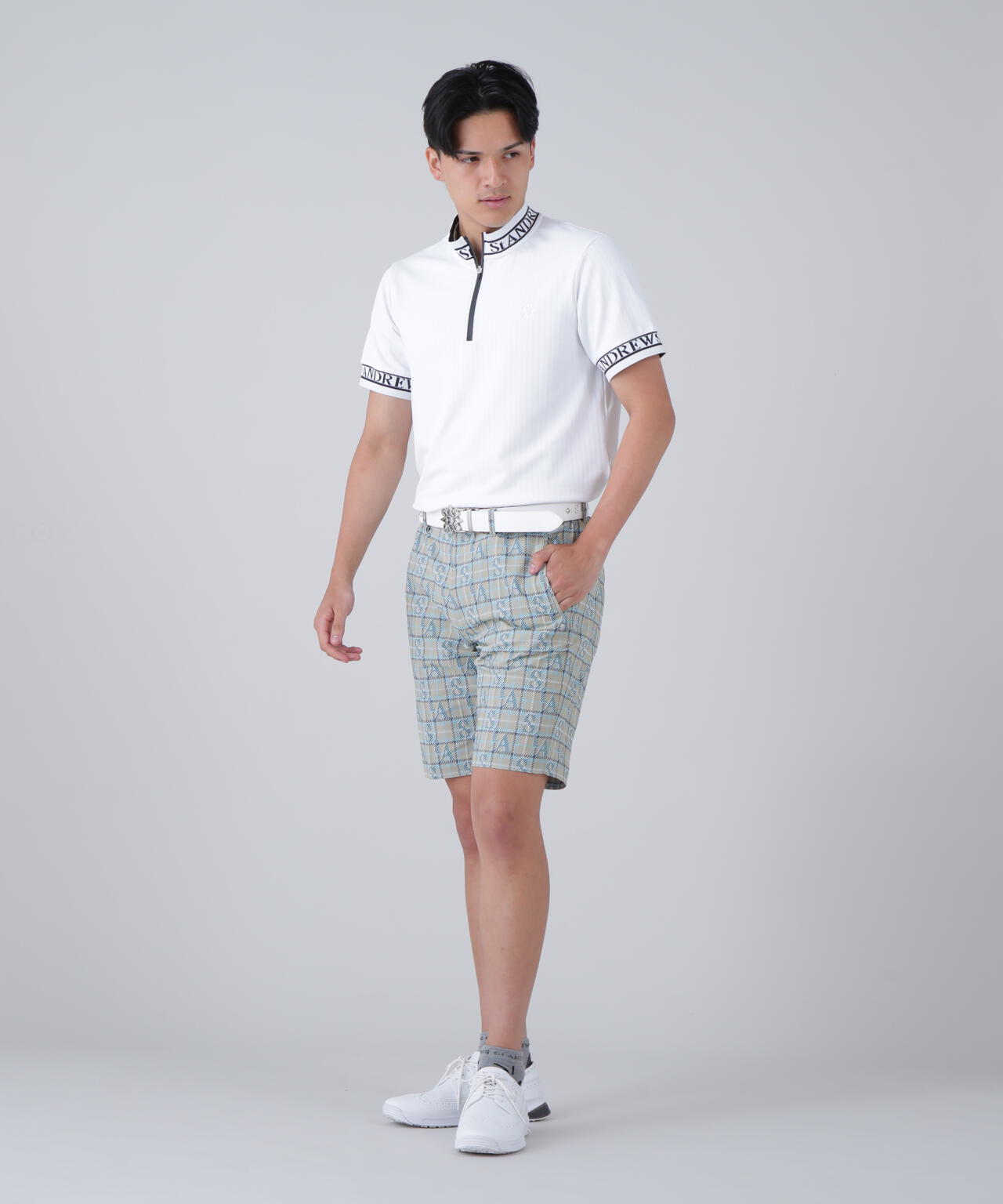 ベアサッカージャガード半袖ハーフジップアップカットソー (MENS)