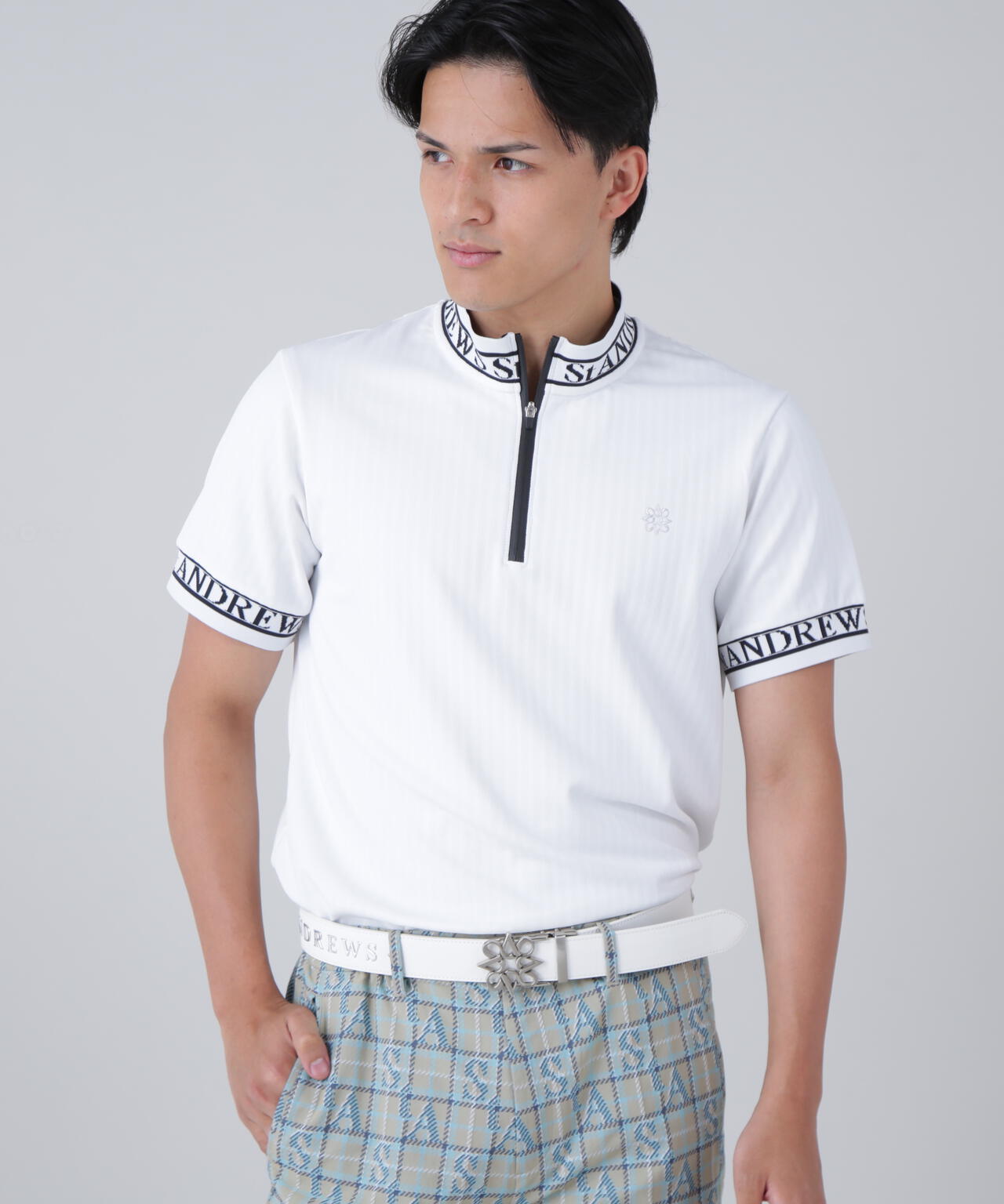 ベアサッカージャガード半袖ハーフジップアップカットソー (MENS)