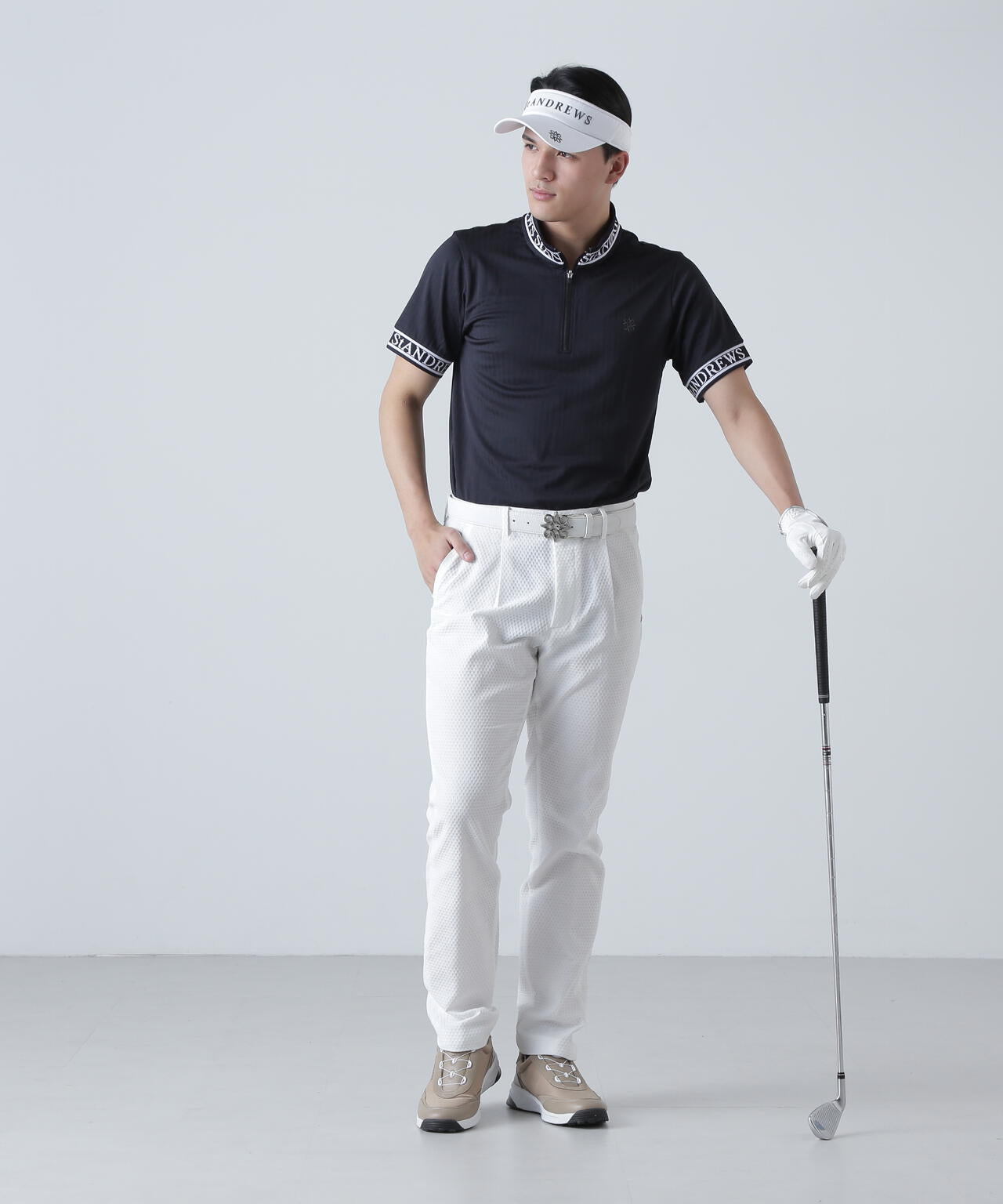 ベアサッカージャガード半袖ハーフジップアップカットソー (MENS)