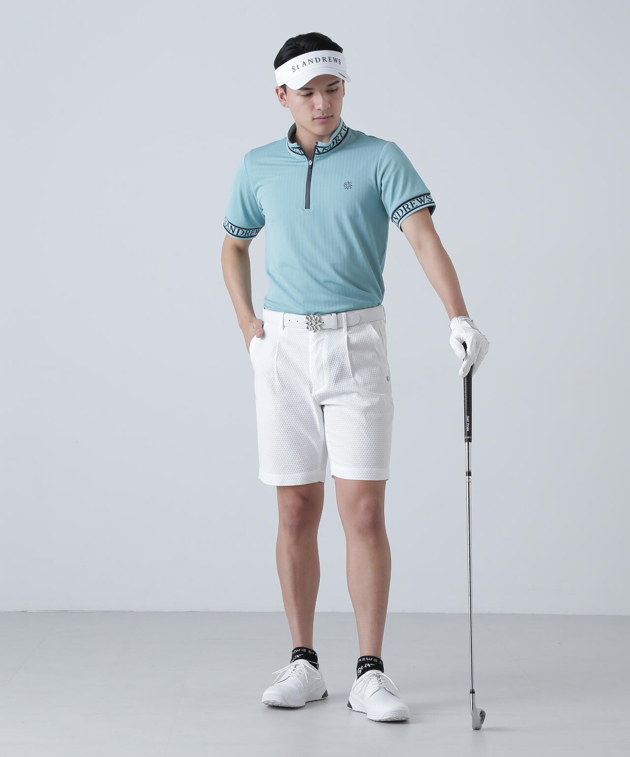 ベアサッカージャガード半袖ハーフジップアップカットソー (MENS)