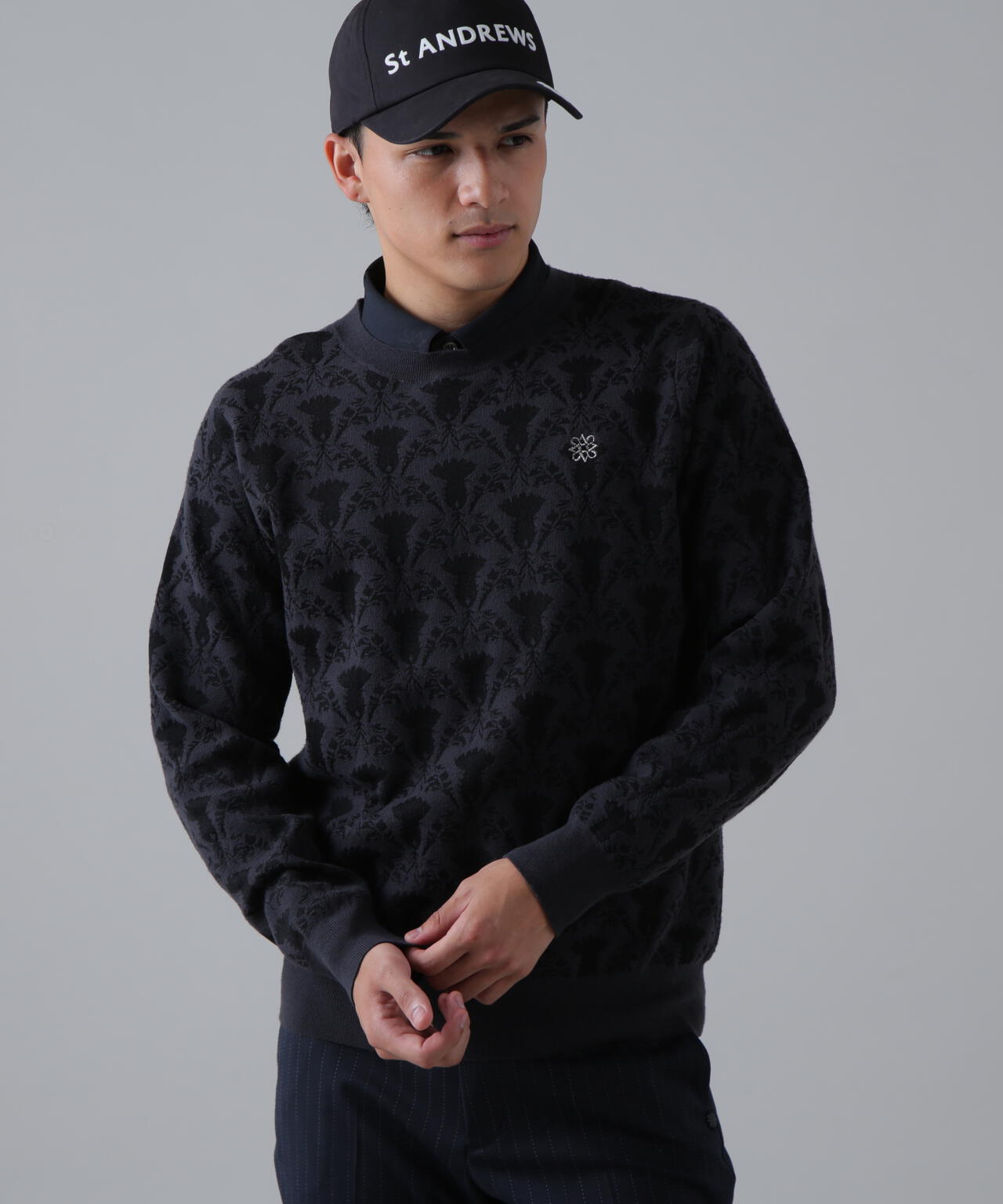 14Gアザミダマスクジャガードクルーネックニットプルオーバー (MENS)