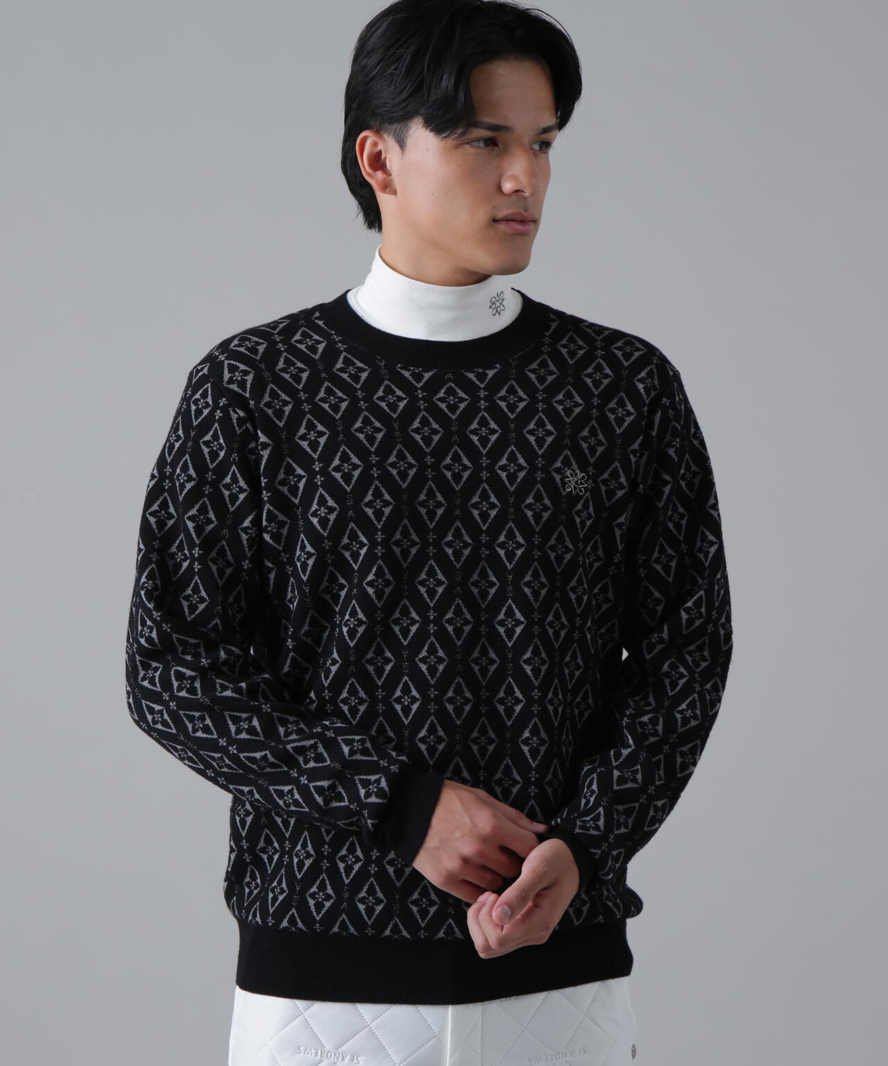 16Gダイヤロゴジャガードクルーネックニットプルオーバー (MENS)