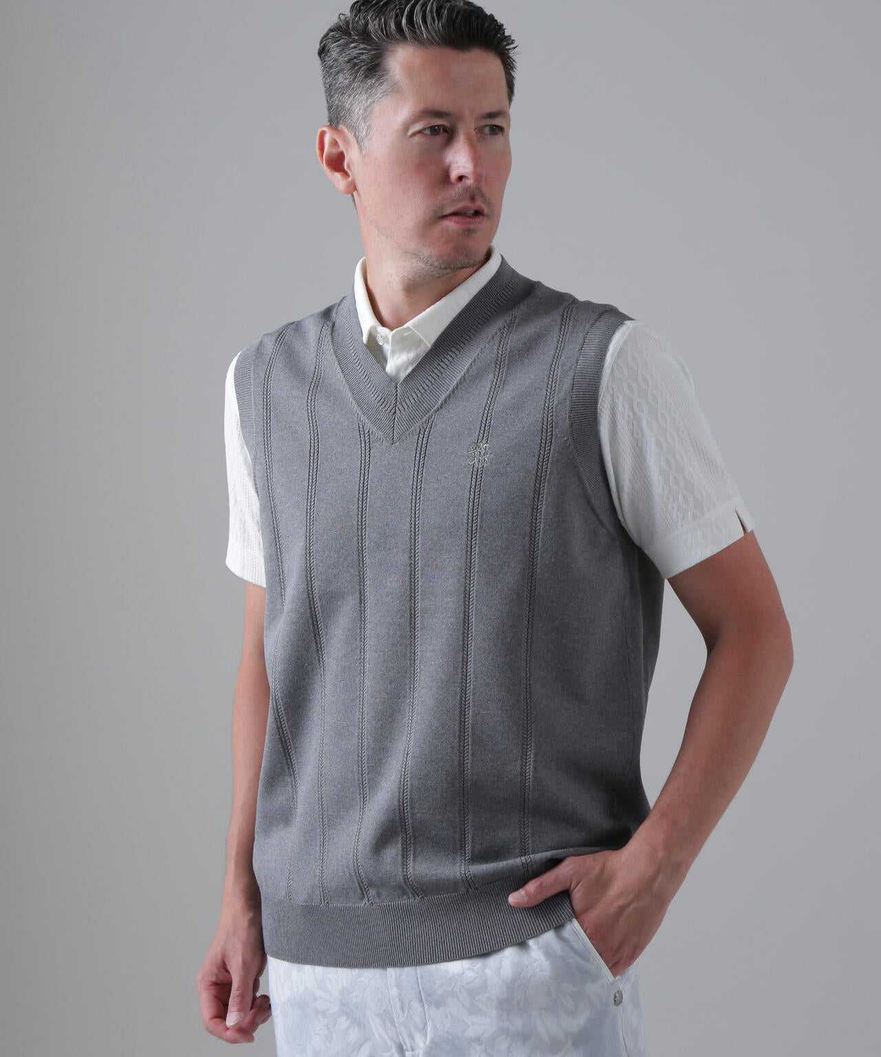 14G天竺×ケーブル Vネックニットベスト (MENS)