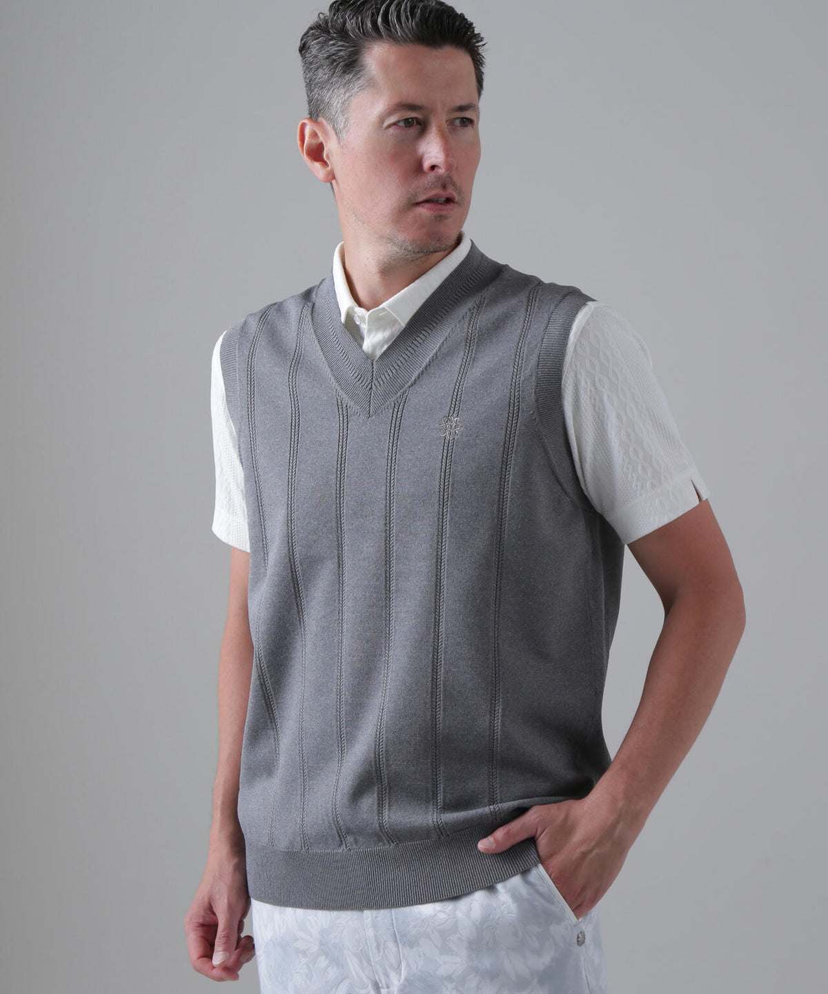 14G天竺×ケーブル Vネックニットベスト (MENS)