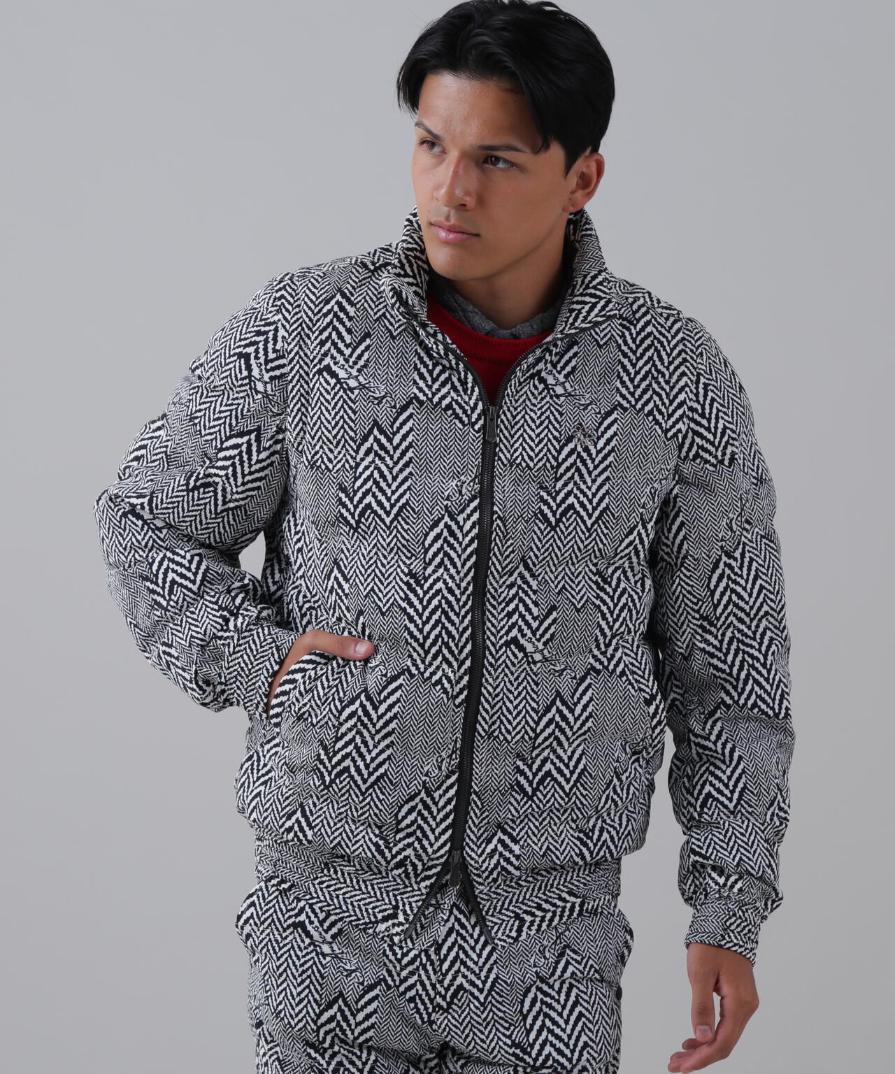 ヘリンボーンプリント中綿キルトブルゾン (MENS)