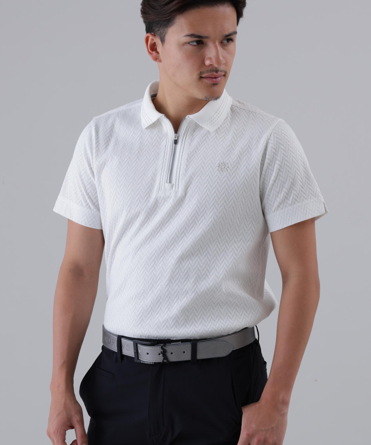 ヘリンボーンジャガード半袖ポロシャツ (MENS)