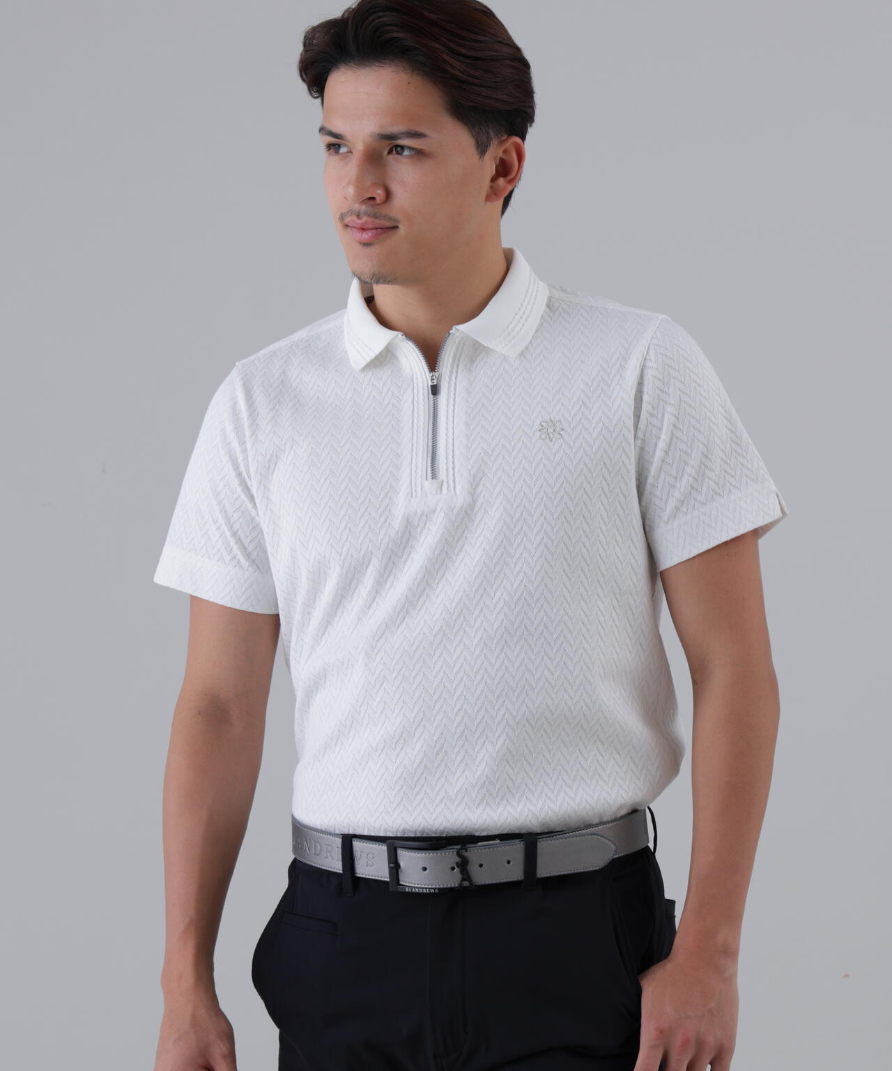 ヘリンボーンジャガード半袖ポロシャツ (MENS)