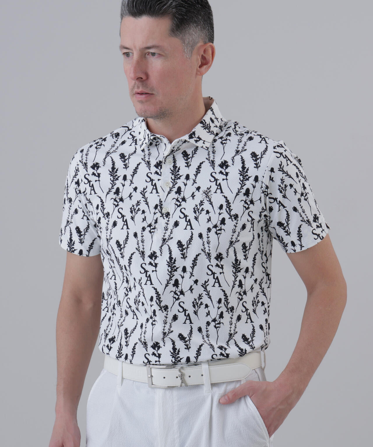 【ストレッチ】ボタニカルプリント半袖シャツ (MENS)