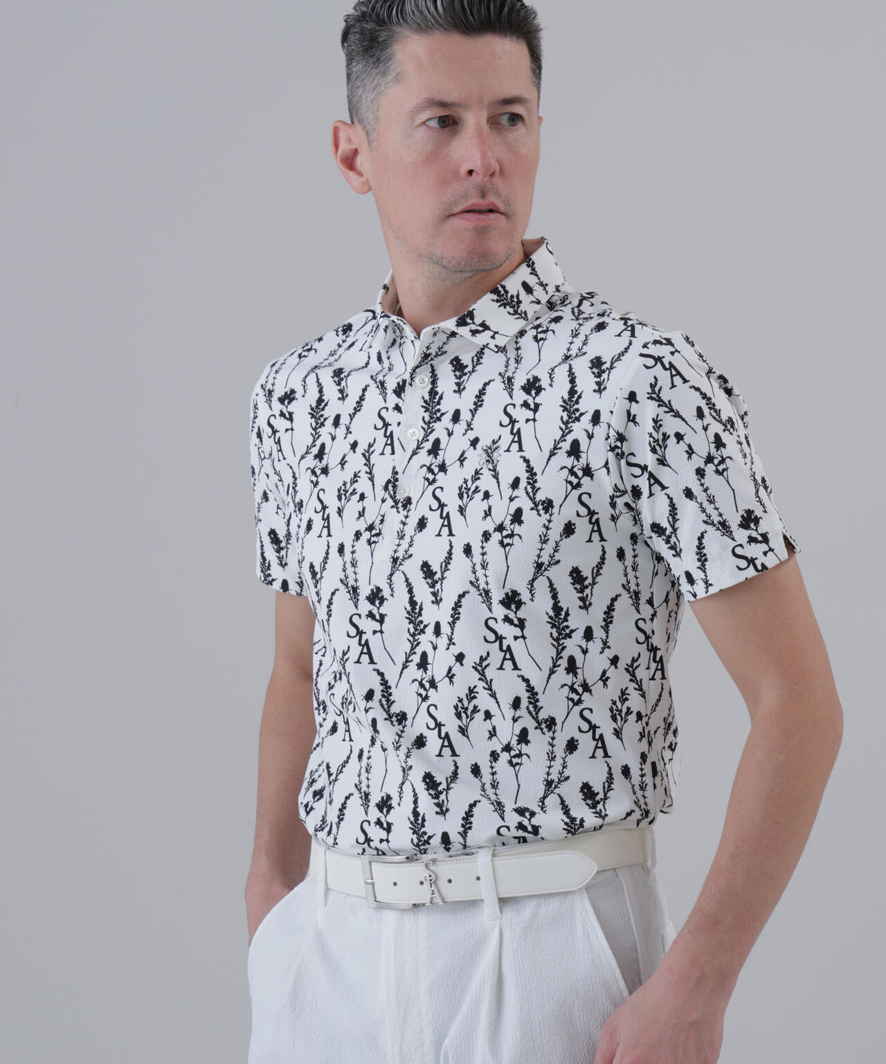 【ストレッチ】ボタニカルプリント半袖シャツ (MENS)