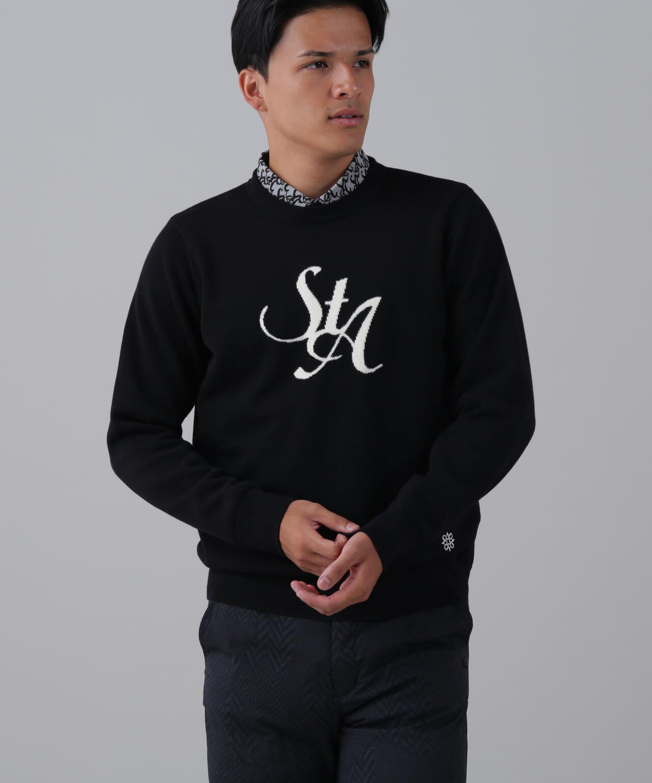 12GSTAインターシャクルーネックニットプルオーバー (MENS)