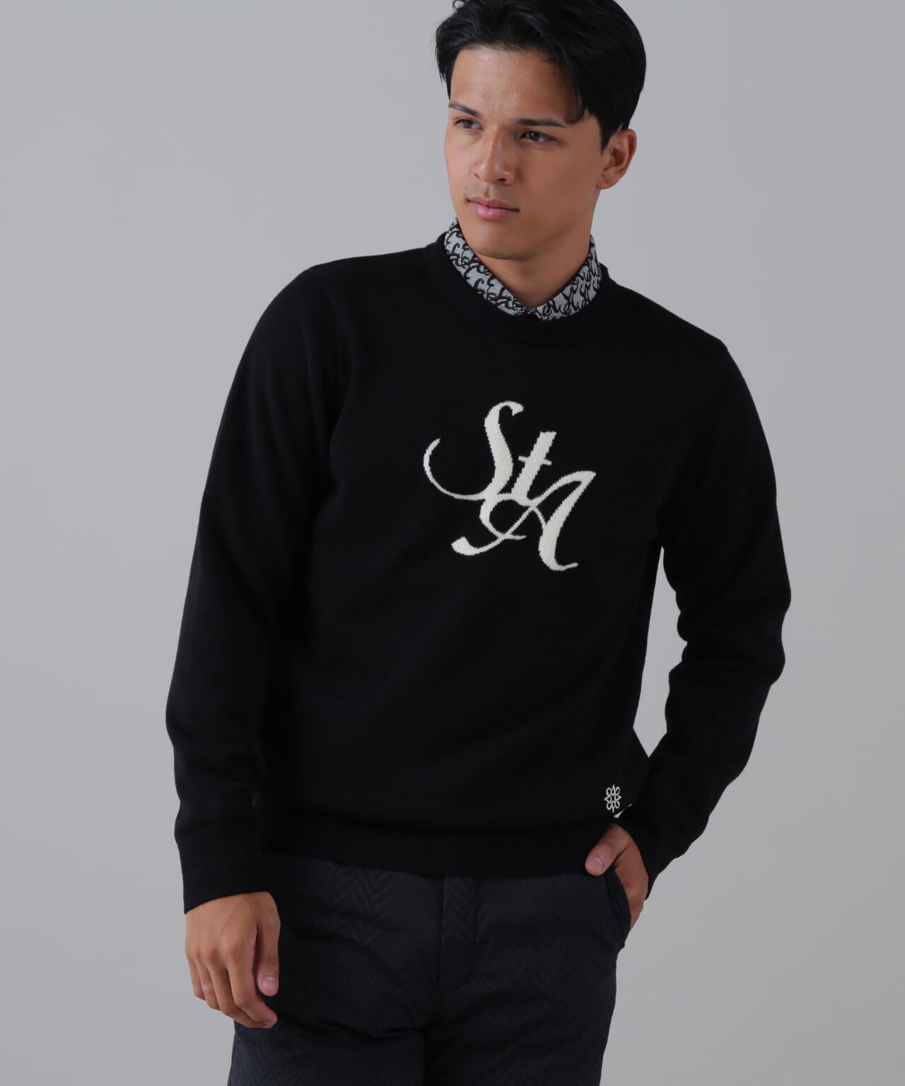 12GSTAインターシャクルーネックニットプルオーバー (MENS)